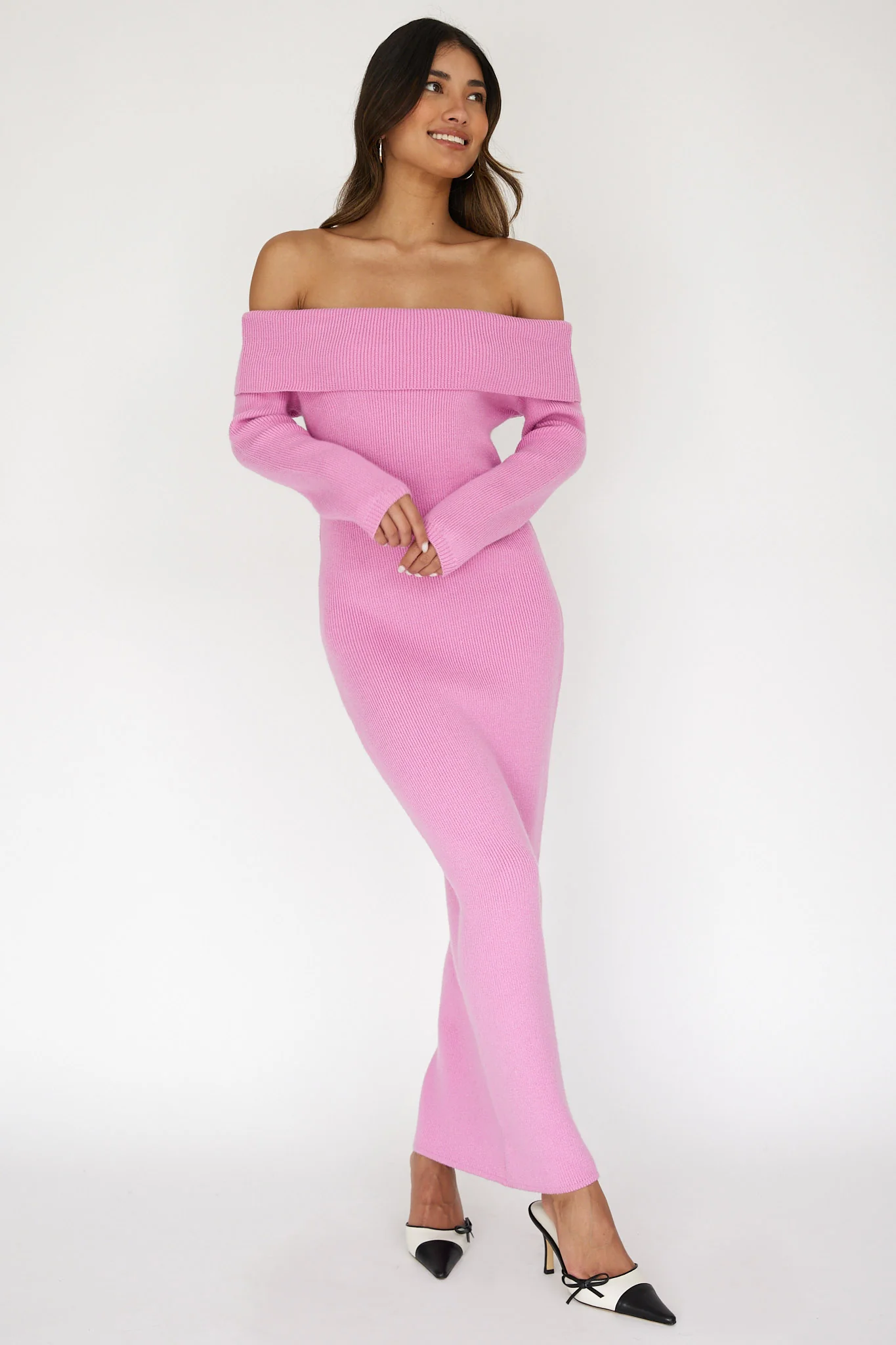 Winter Wonder Off-Shoulder Knit Maxi Dress Pink