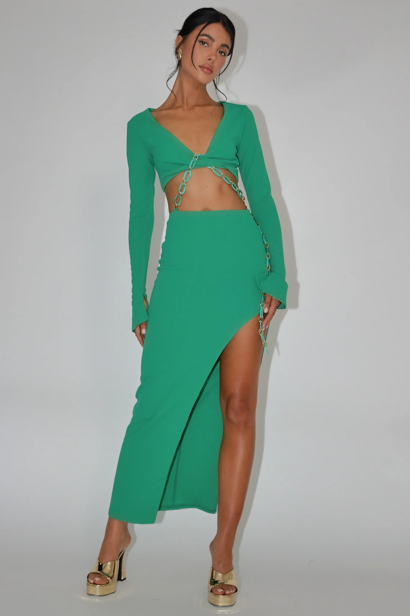 Sigournie Long Sleeve Chain Midi Dress Green