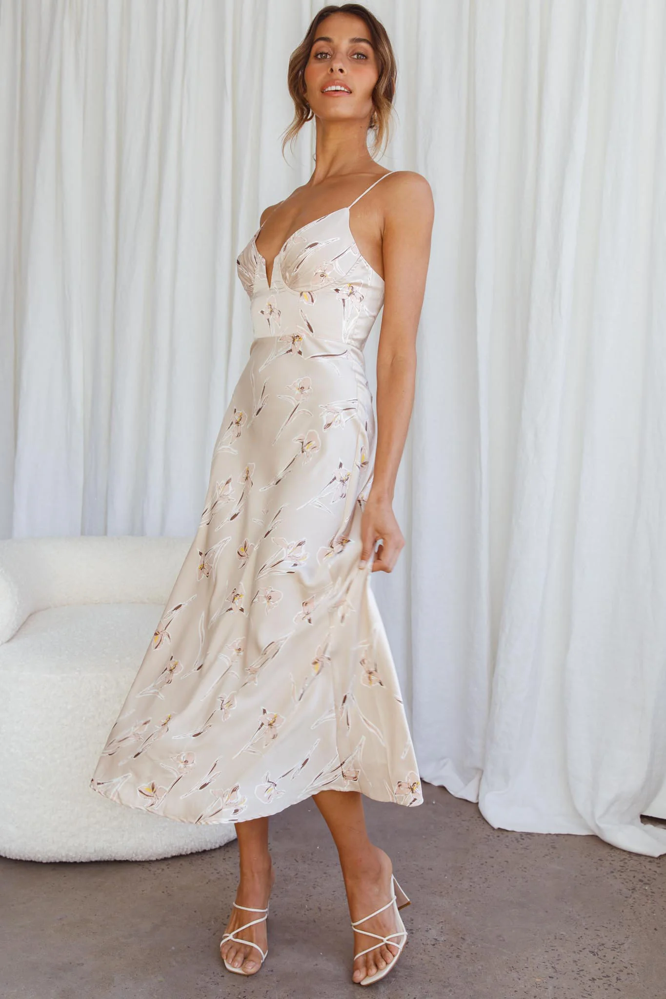 Lake Como Fitted Bodice Cami Strap Midi Dress Orchid Print Beige