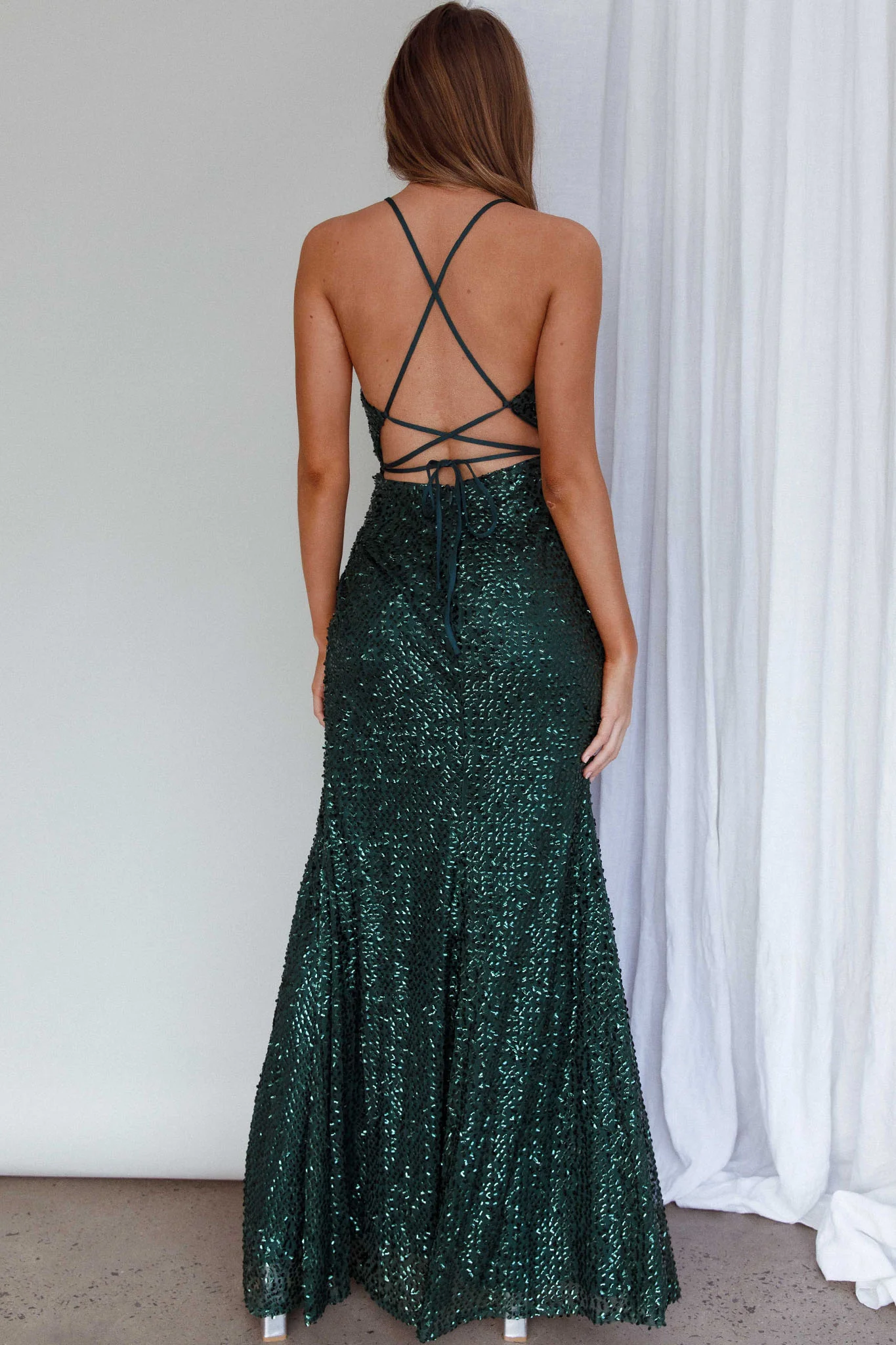 Luminosa Strappy Back Sequin Dress Emerald