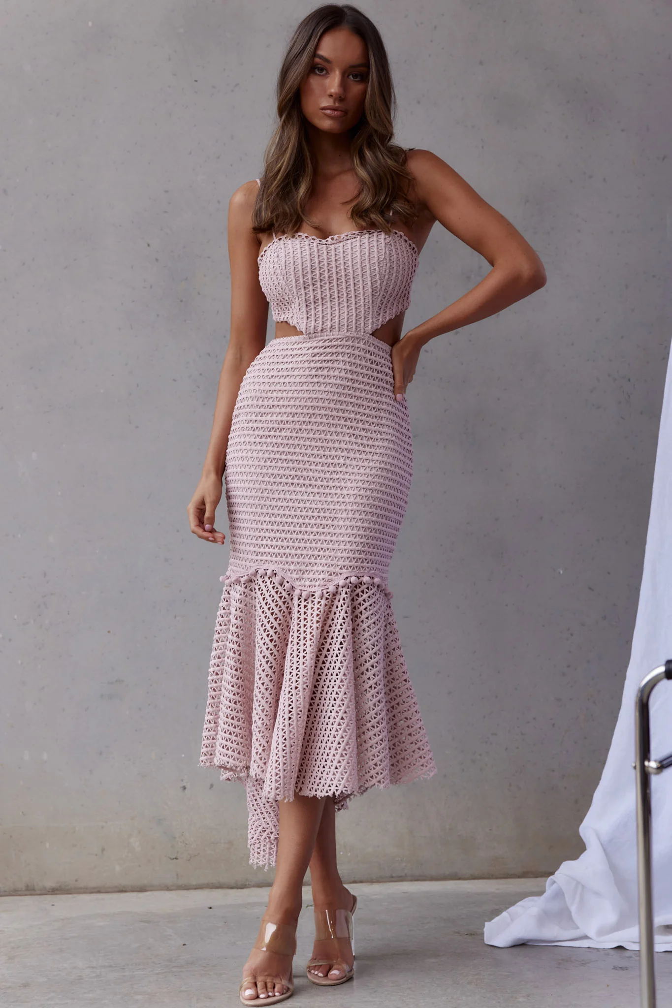 Zoey Lace Overlay Cut-Out Midi Dress Blush