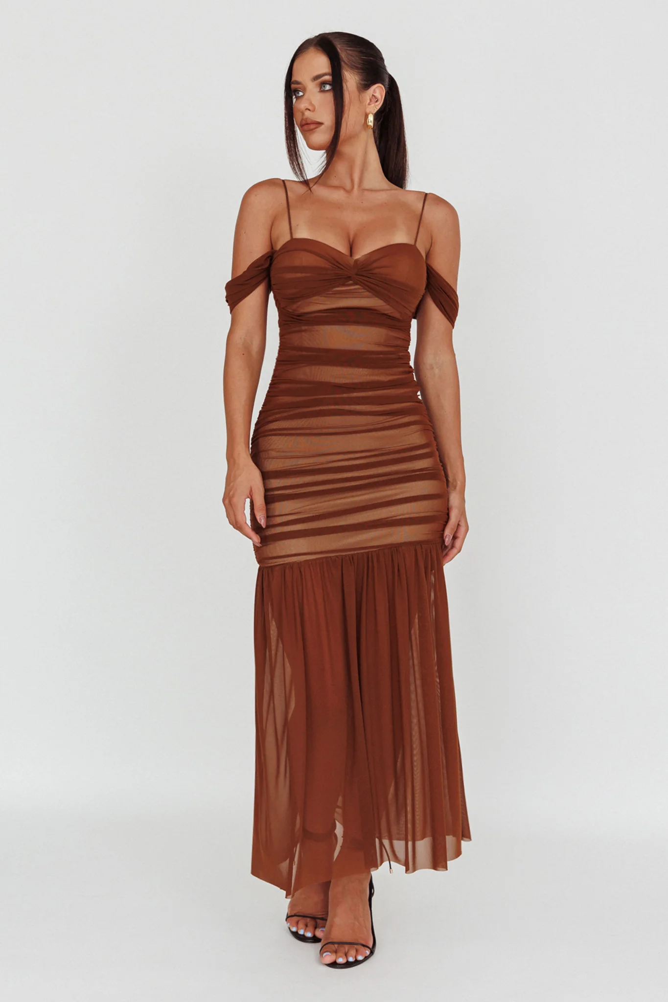 La Salle Ruched Mesh Maxi Dress Chocolate