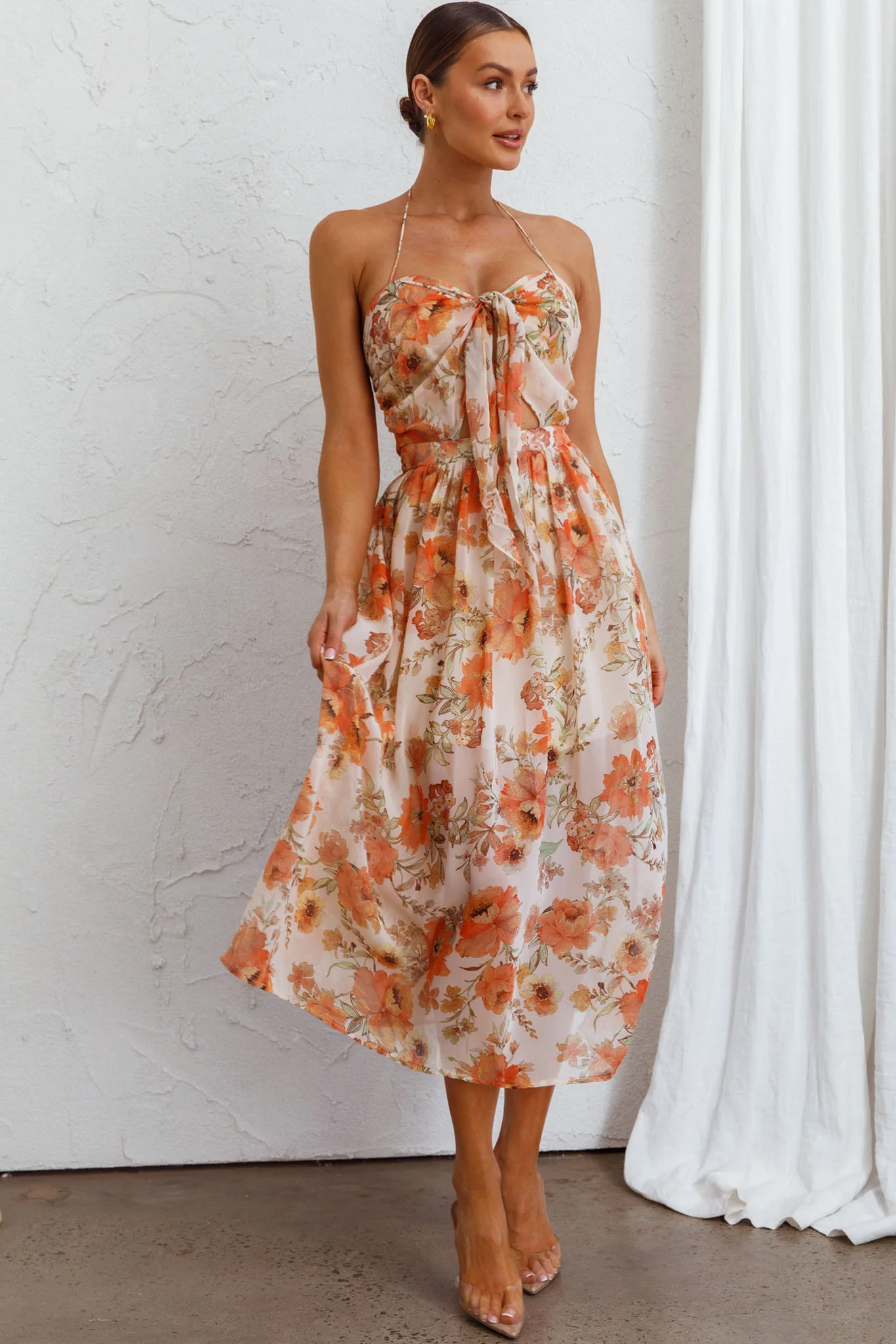 Los Feliz Tied Bust Halterneck Midi Dress Floral Beige