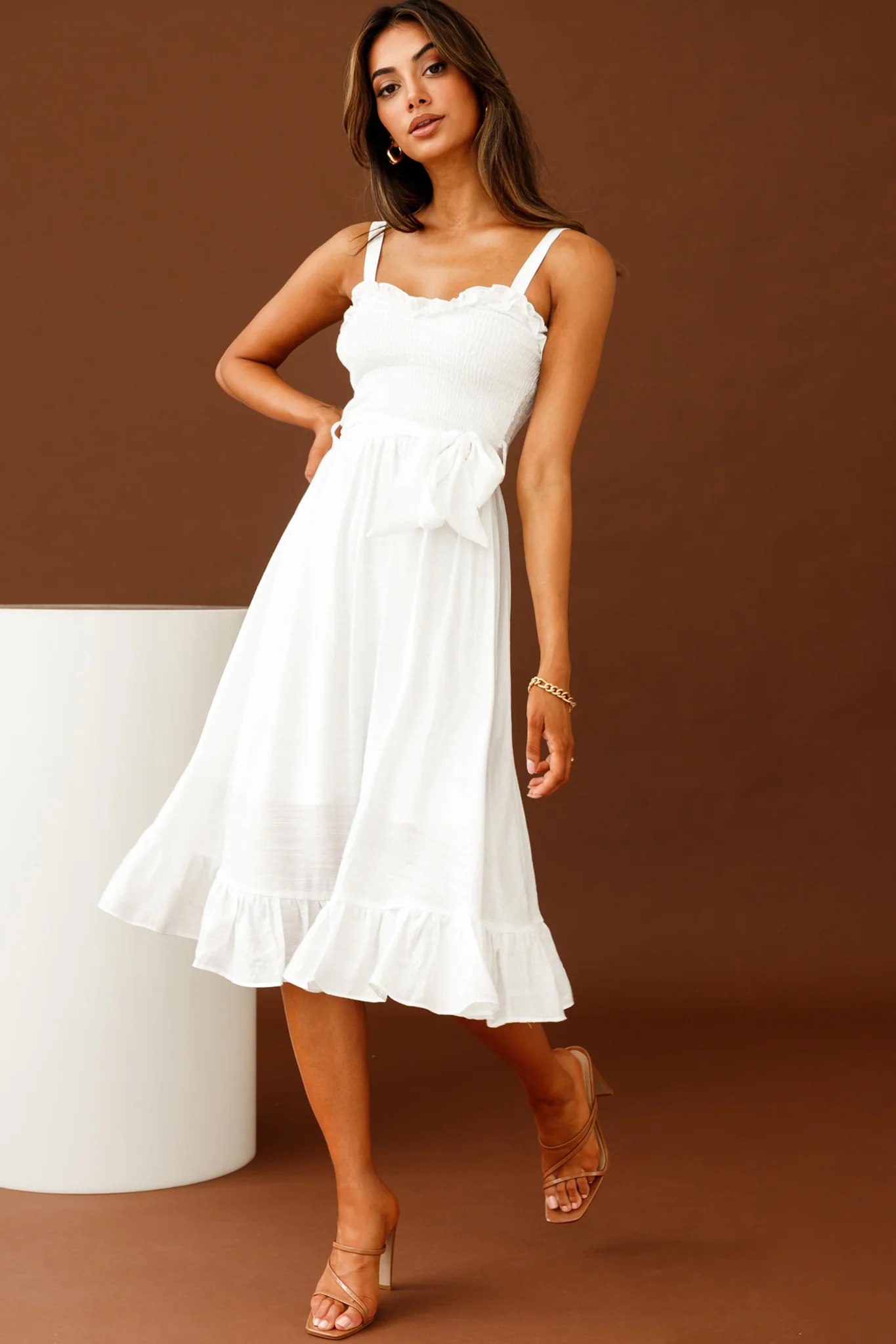 Honey Shirred Frill Midi Dress White