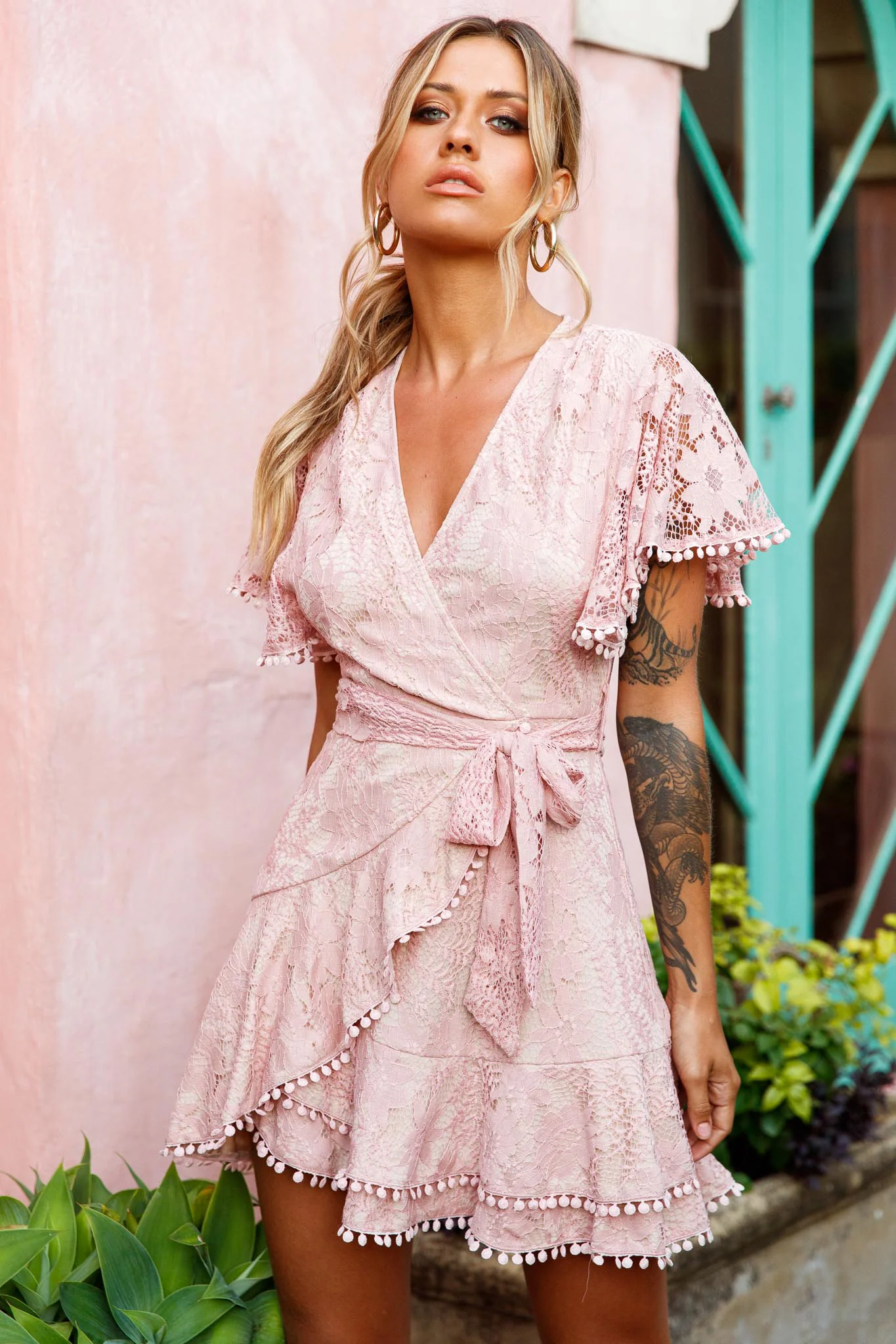 Cami Angel Sleeve Faux Wrap Dress Lace Blush