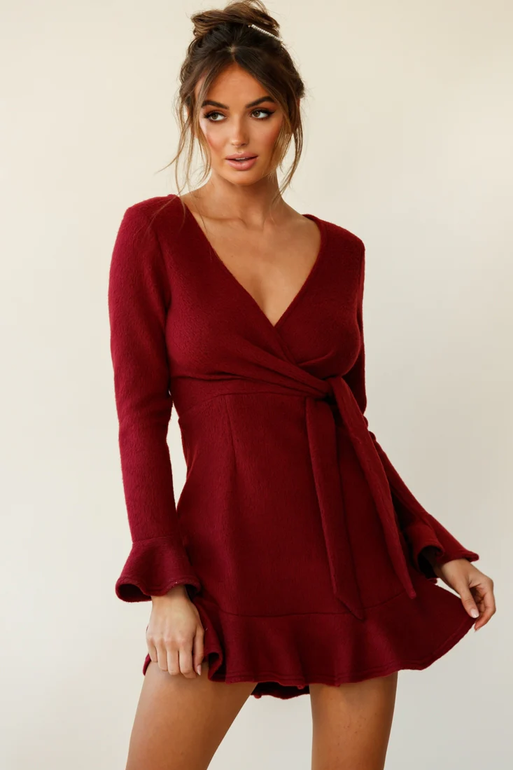 Shalini Flared Cuff Surplice Neckline Knit Dress Wine