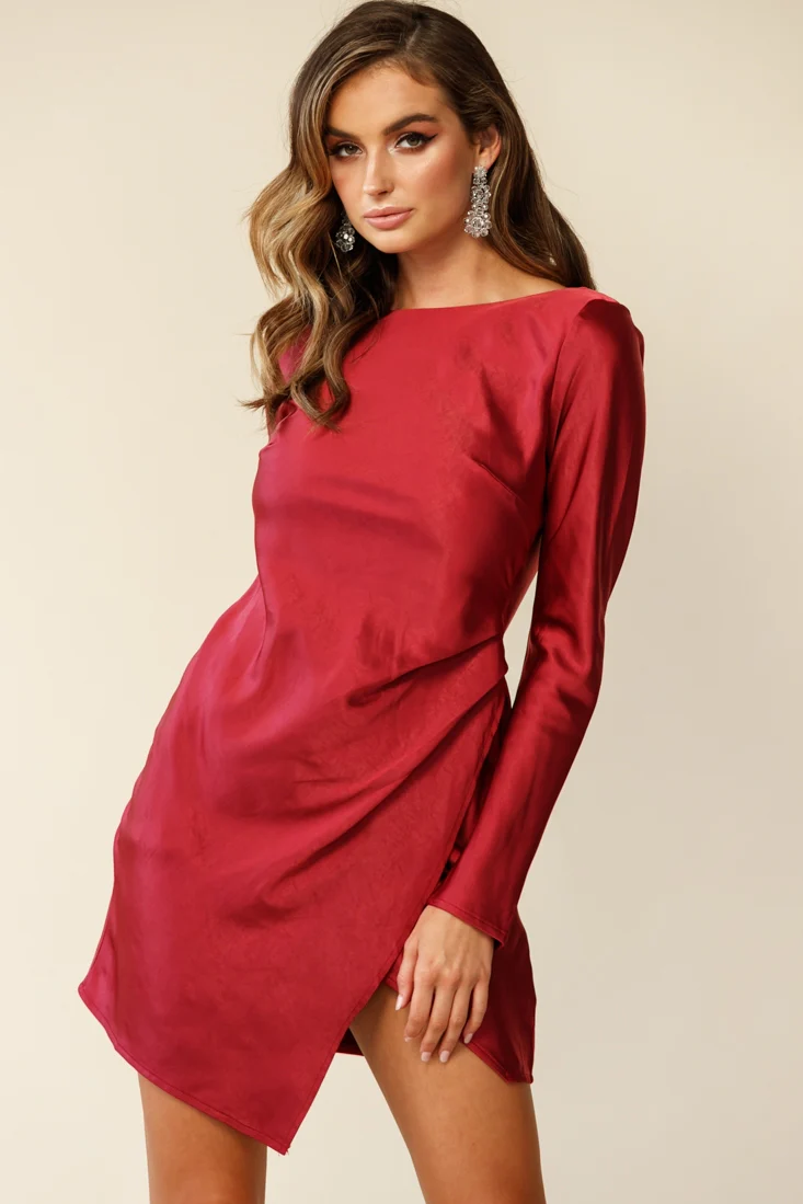 Thank Me Later Long Sleeve Open Back Dress Wine