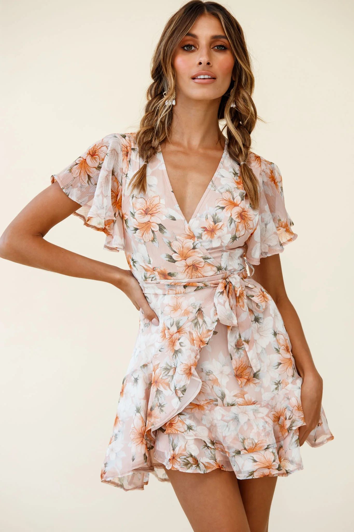 Cami Angel Sleeve Faux Wrap Dress Hibiscus Print Nude