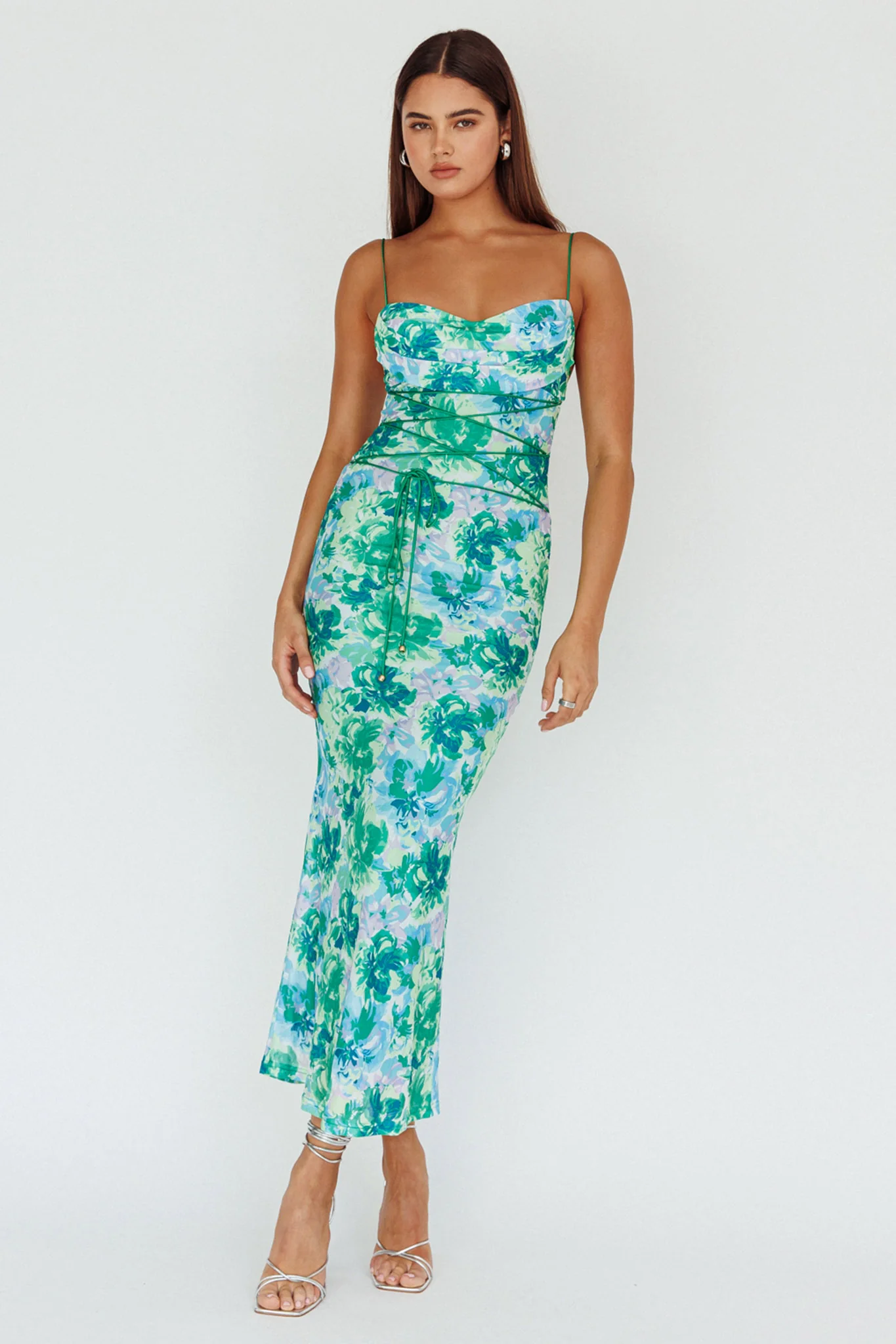 Teava Laced Waist Midi Dress Floral Green