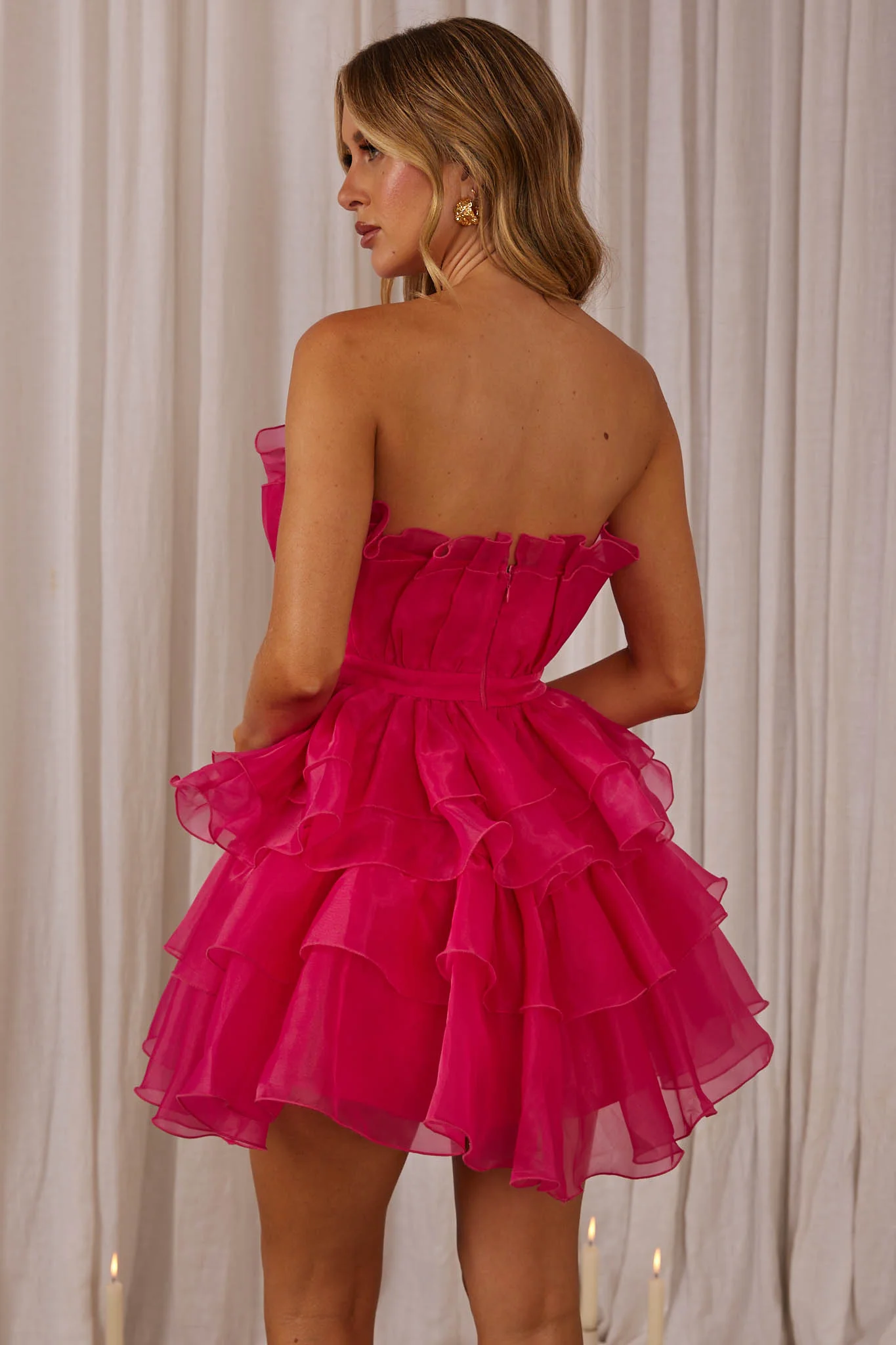 Bon Bon Tiered Chiffon Mini Dress Fuchsia