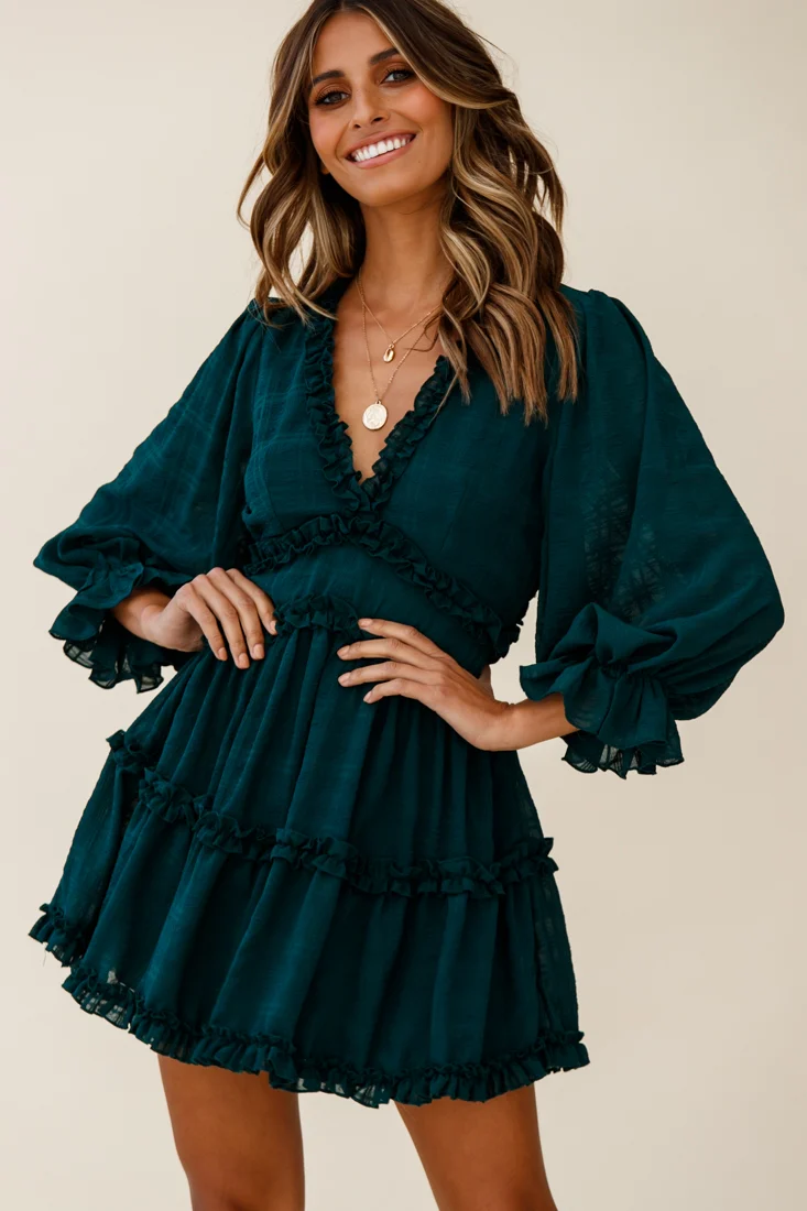 Laney Cutout Back Balloon Sleeve Dress Forest Green