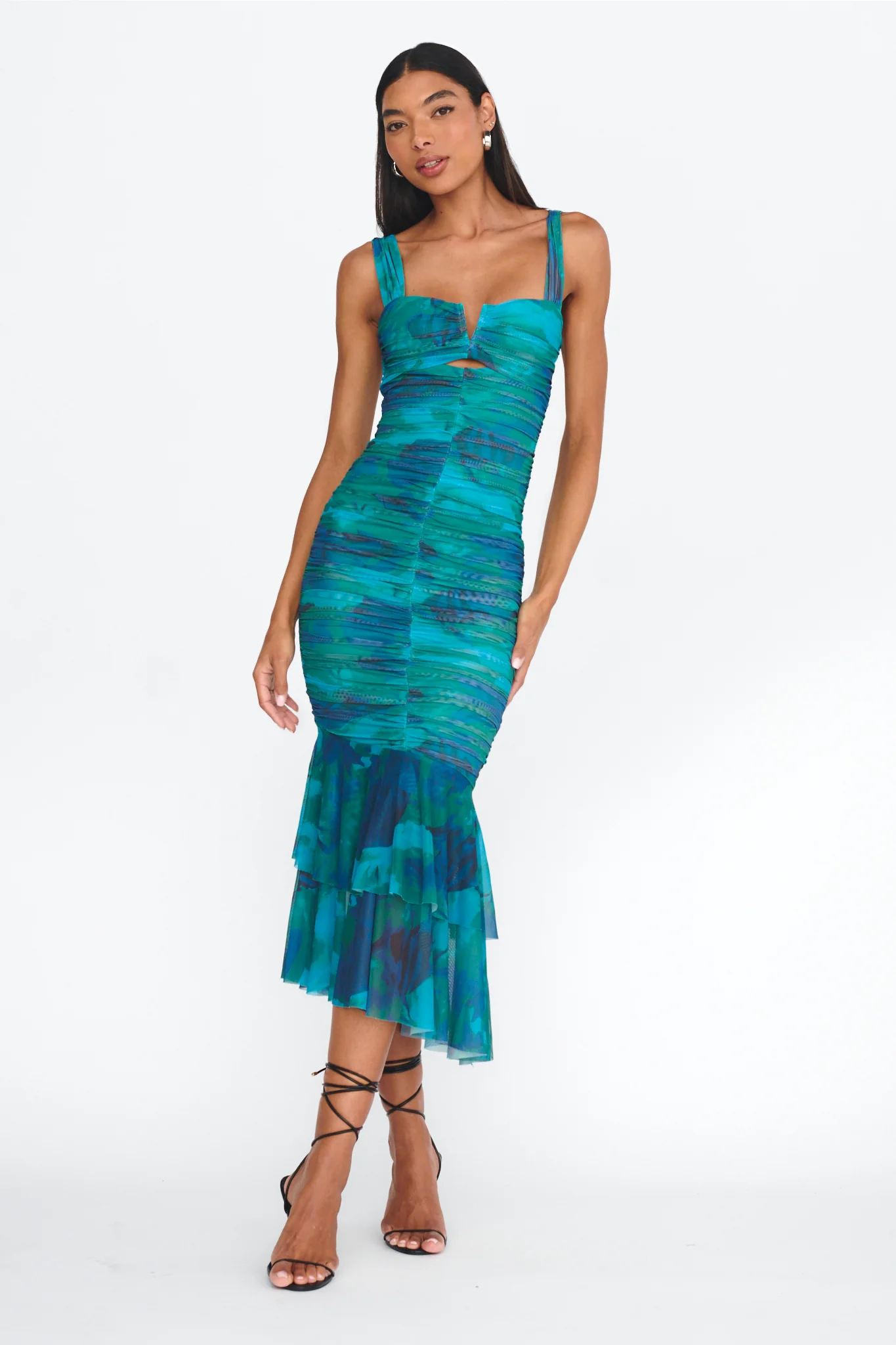 Nadia Ruched Fishtail Midi Dress Abstract Green