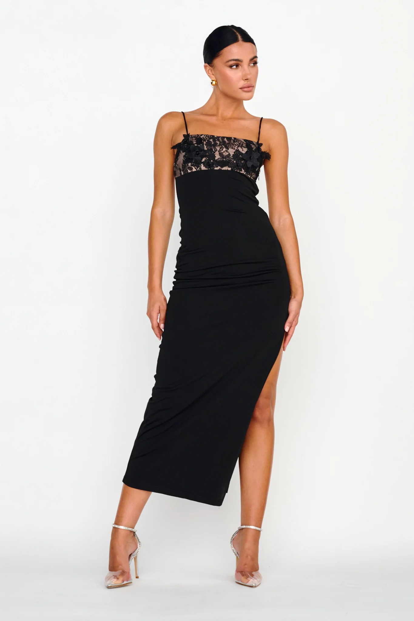 Misha Embellished Bust Midi Dress Black