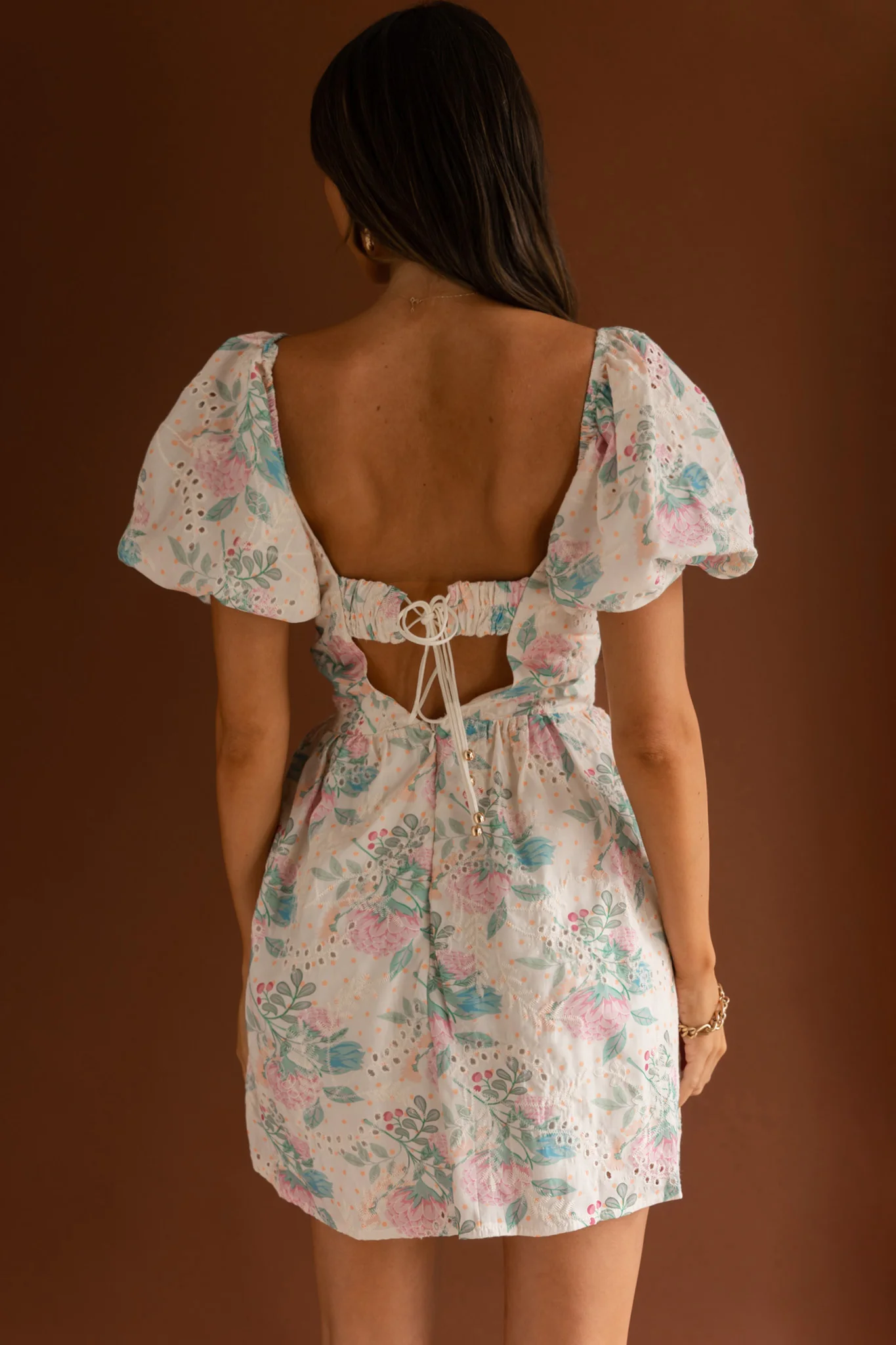 Lovers Lane Lace Trim Puff Sleeve Dress Floral Apricot