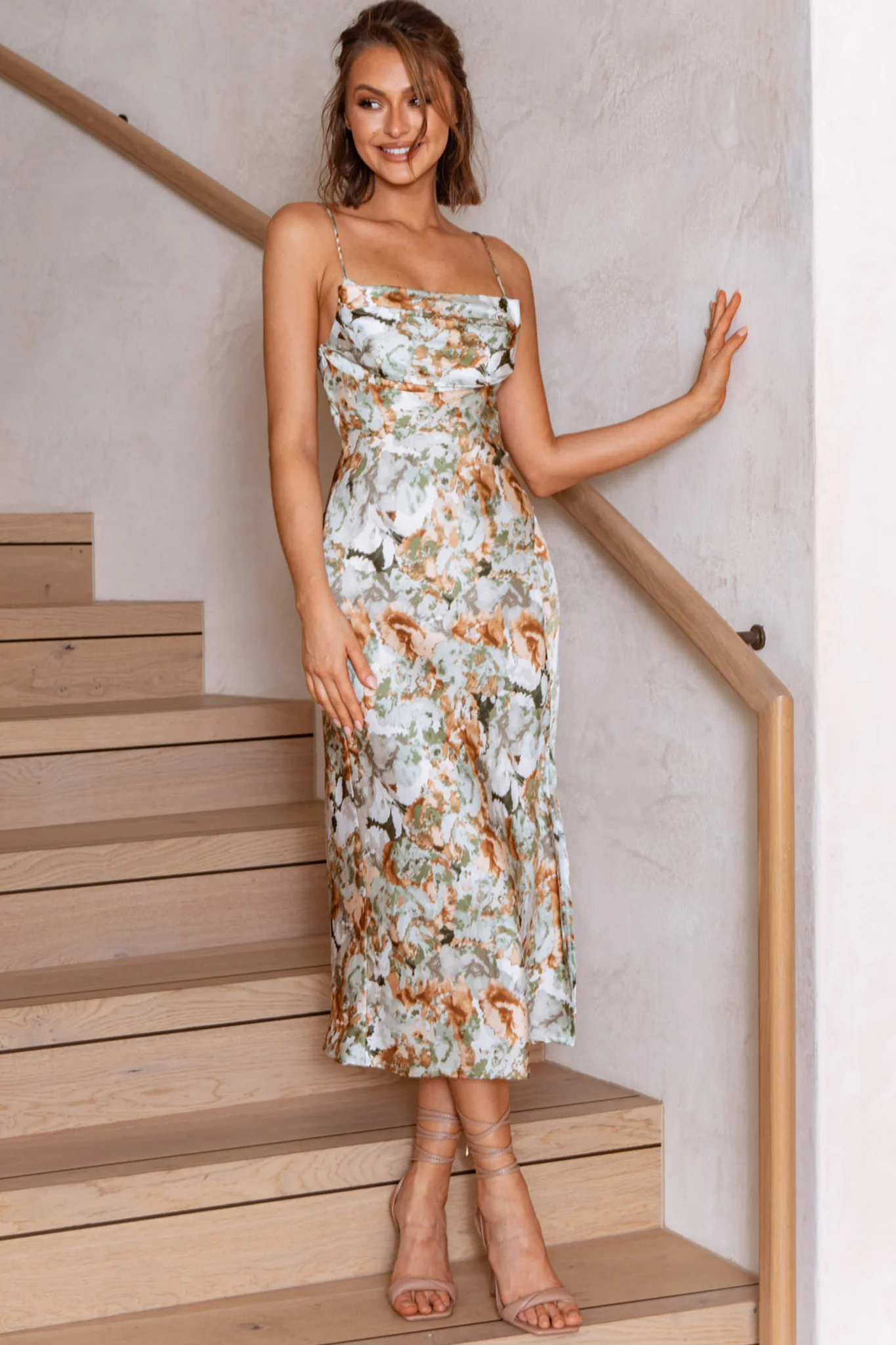 Well Versed Pleated Bust Front Split Dress Floral Abstract Print Sage