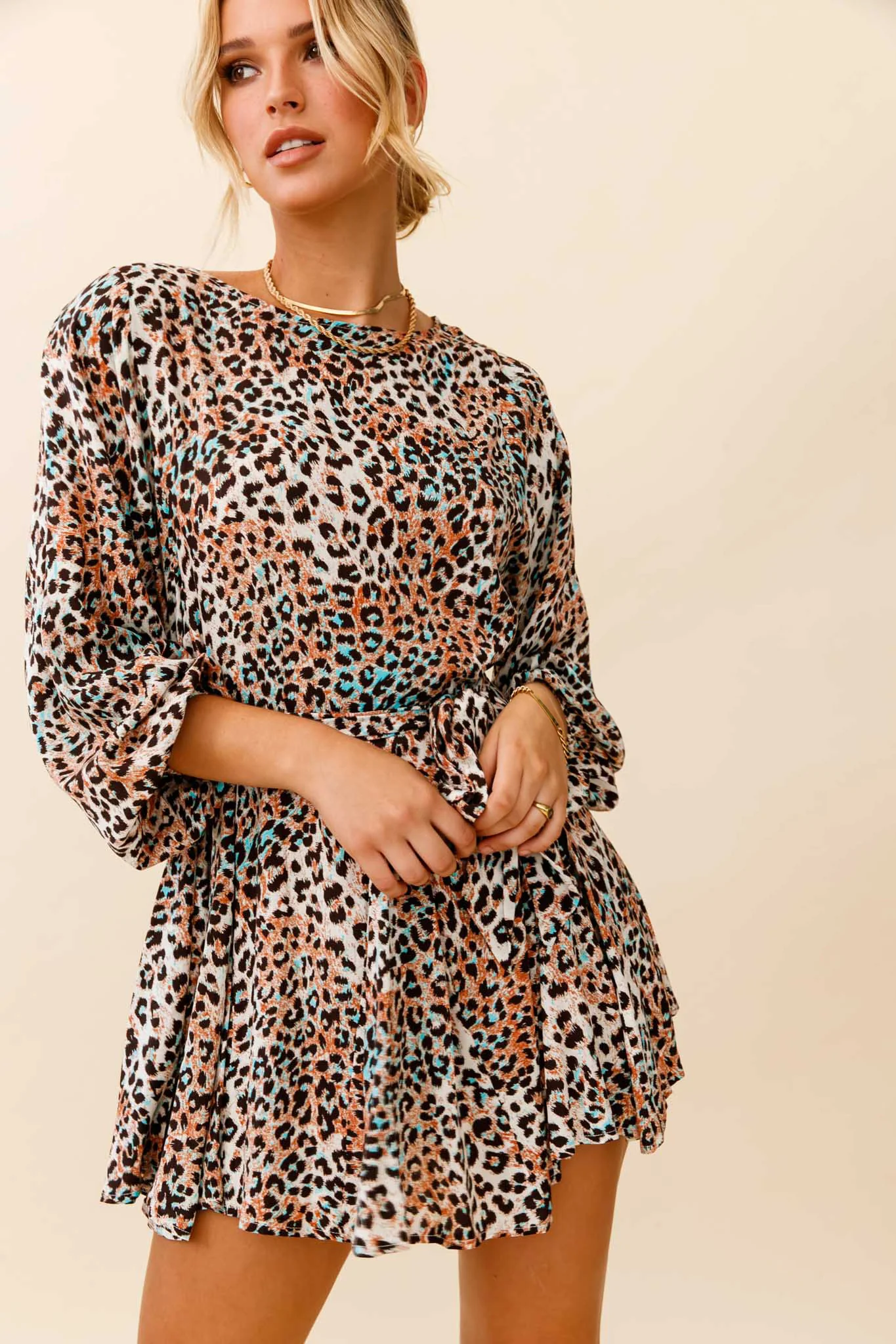 Drift Away Long Sleeve Godet Detail Dress Leopard Print Brown