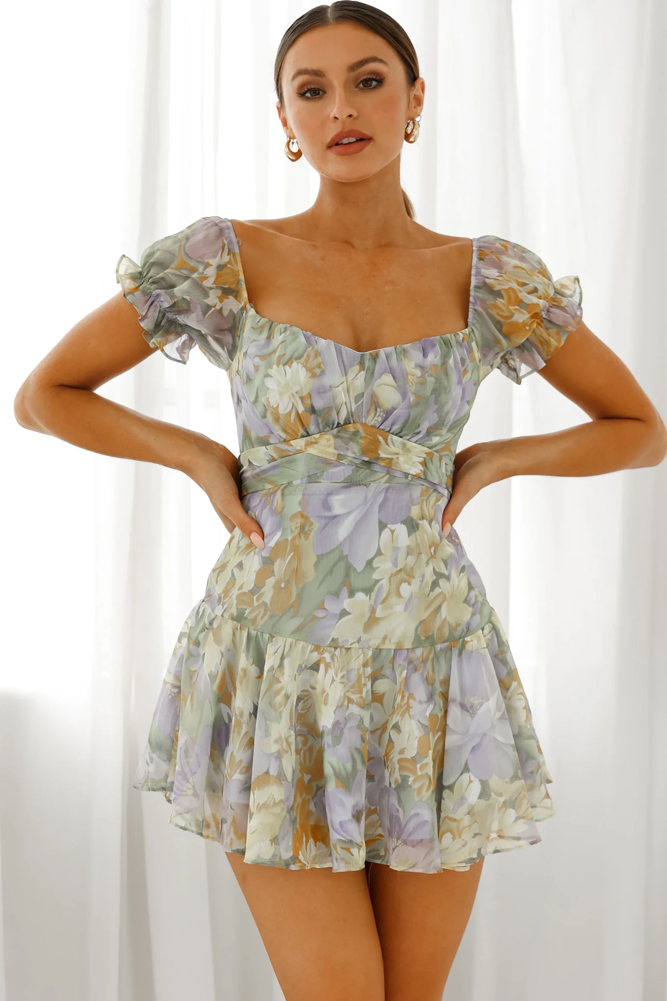 Linka Off-Shoulder Tie Back Fluted Hem Dress Floral Print Yellow