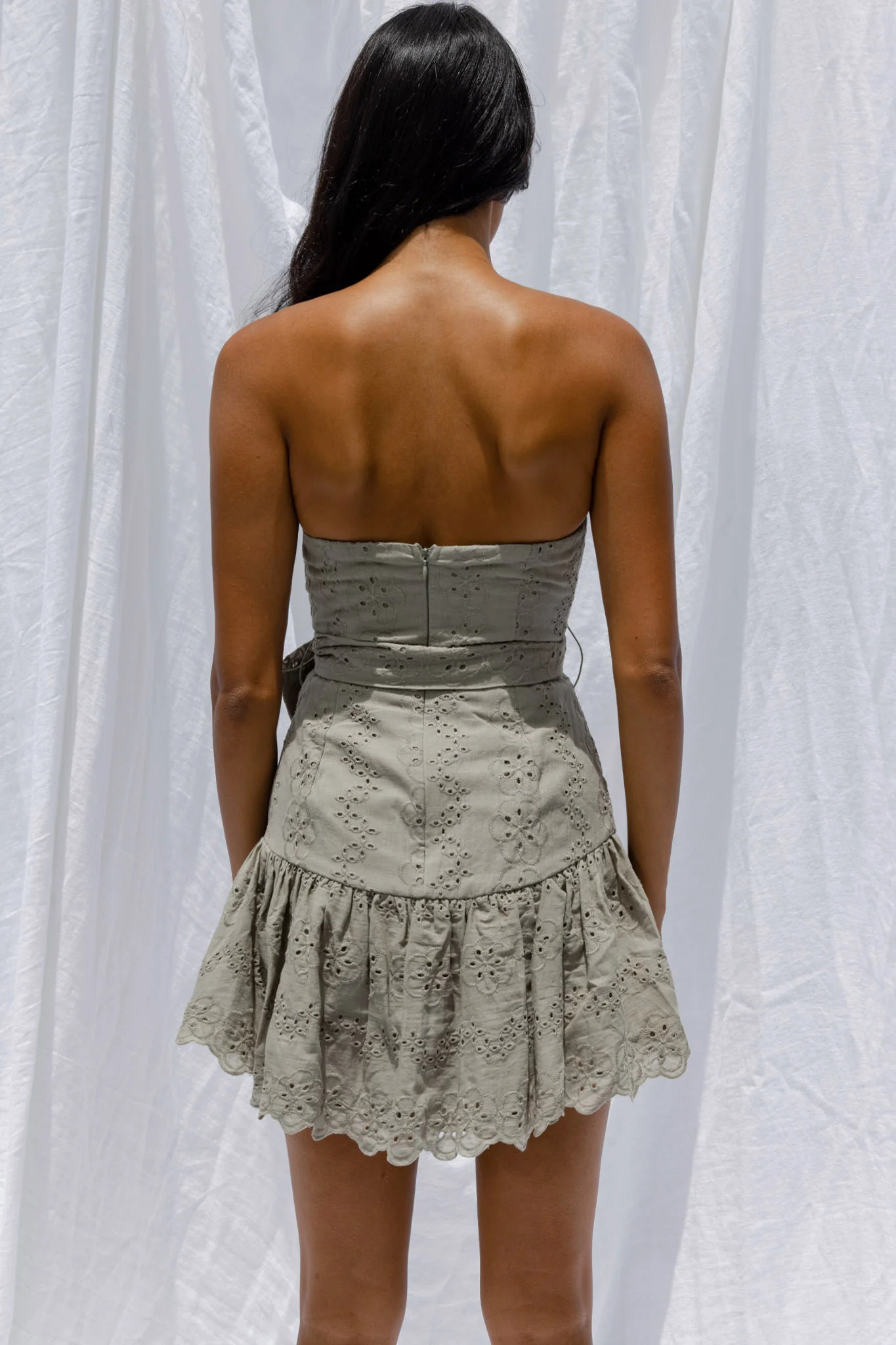 Celeene Sweetheart Neckline Flounce Hem Eyelet Mini Dress Pistachio