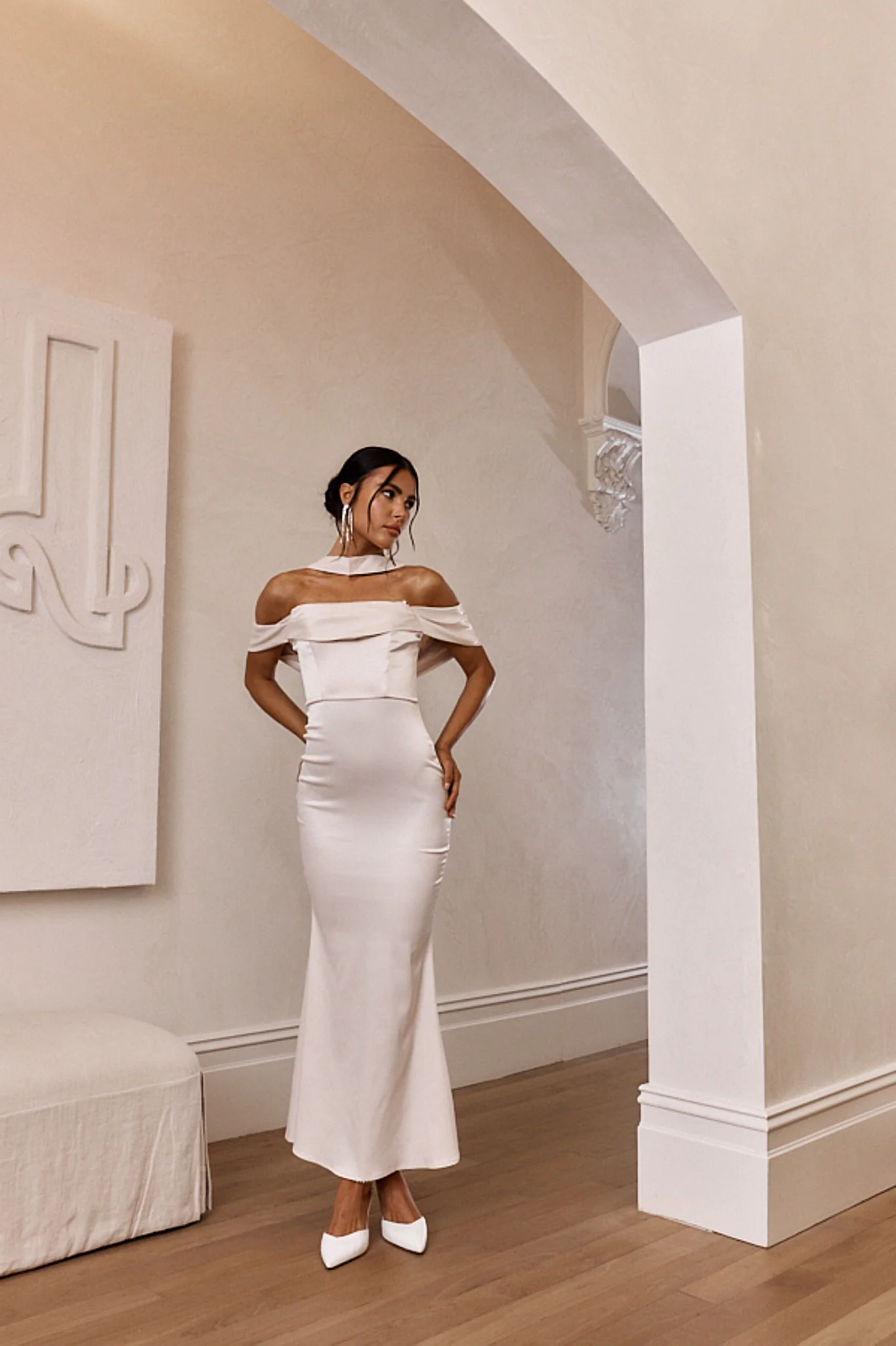 Eclipse Draped Sleeve Midi Dress Beige