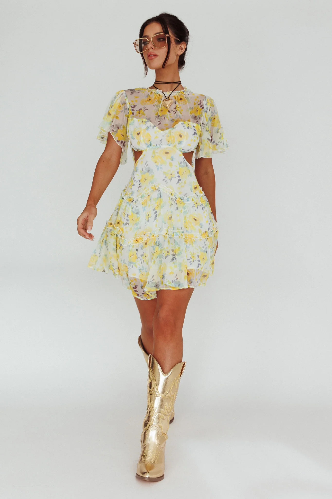Tres Chic Flutter Sleeve Cut-Out Dress Floral Yellow