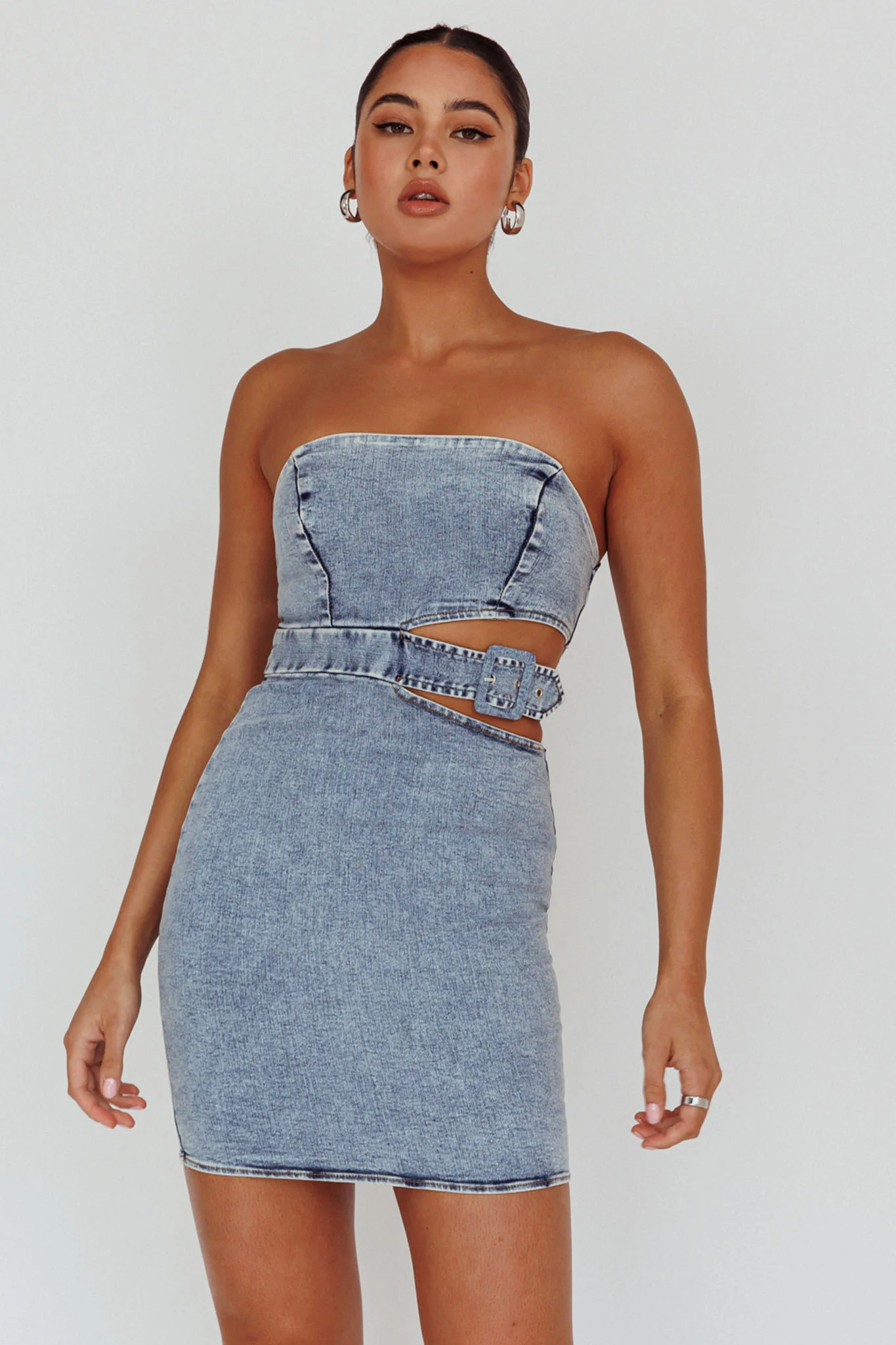 Jett Buckle Waist Mini Dress Denim Blue