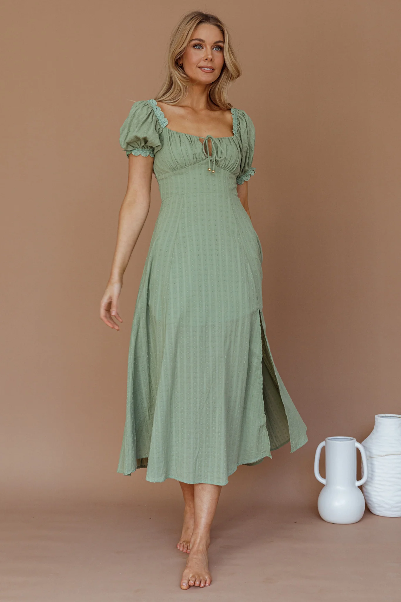 Chablis Gathered Bust Puff Sleeve Midi Dress Sage