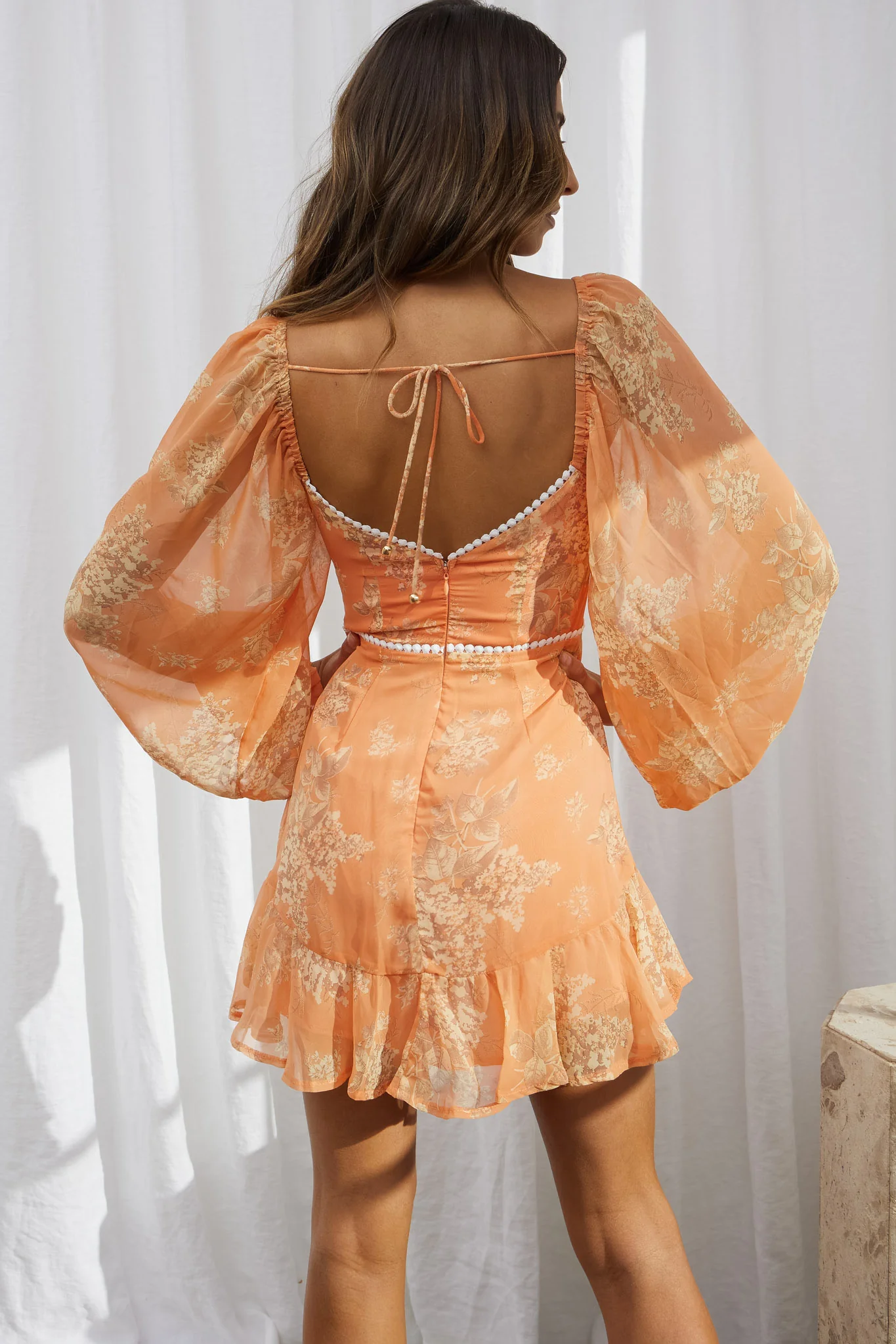 Catch Feelings Sweetheart Neckline Dot Trim Dress Hydrangea Print Orange