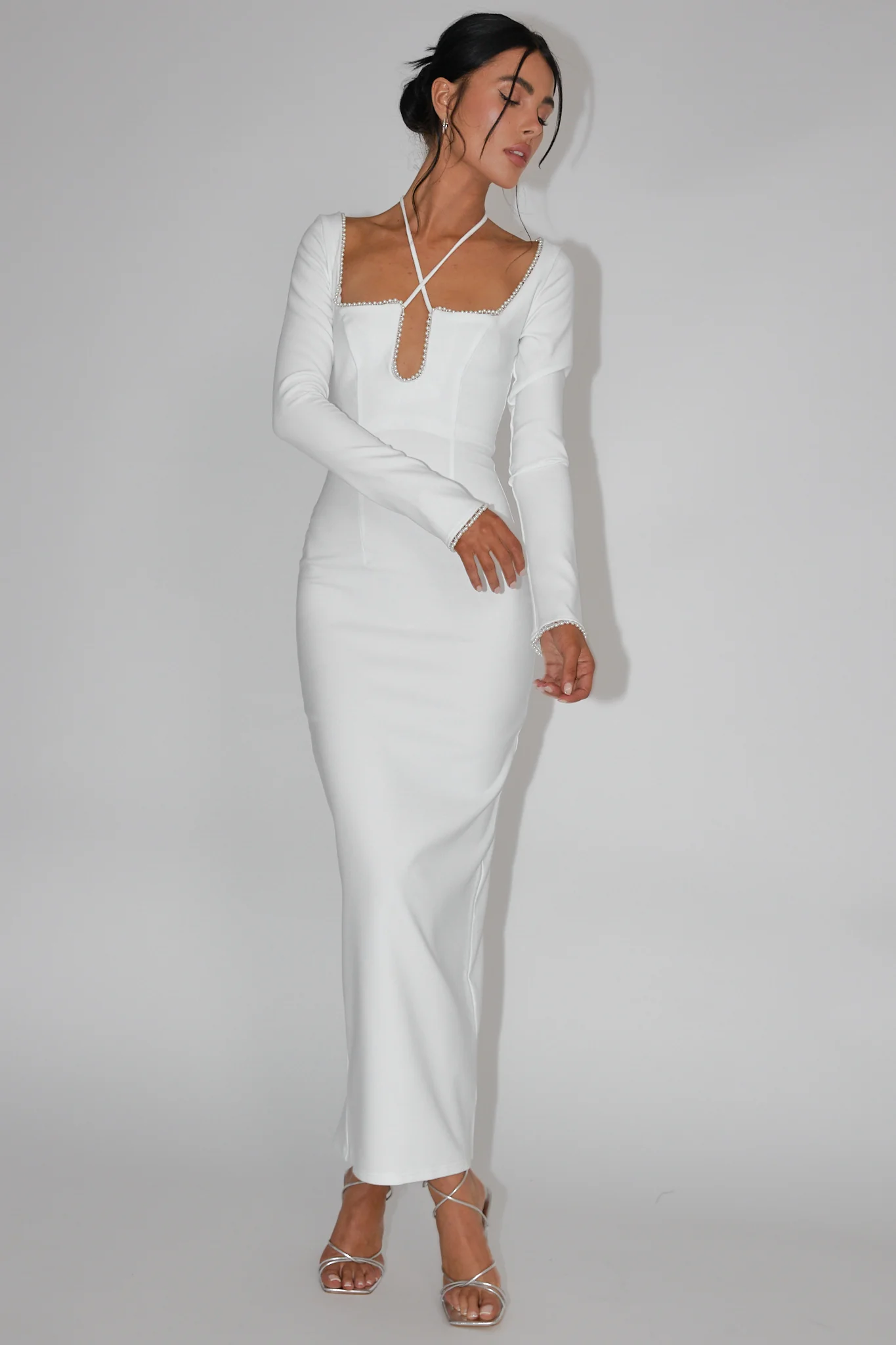 Samantha Pearl Trim Midi Dress White