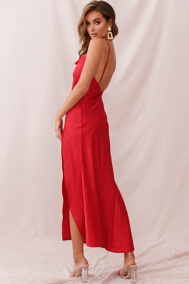 Hey Girl Long Satin Cowl Neck Dress Red