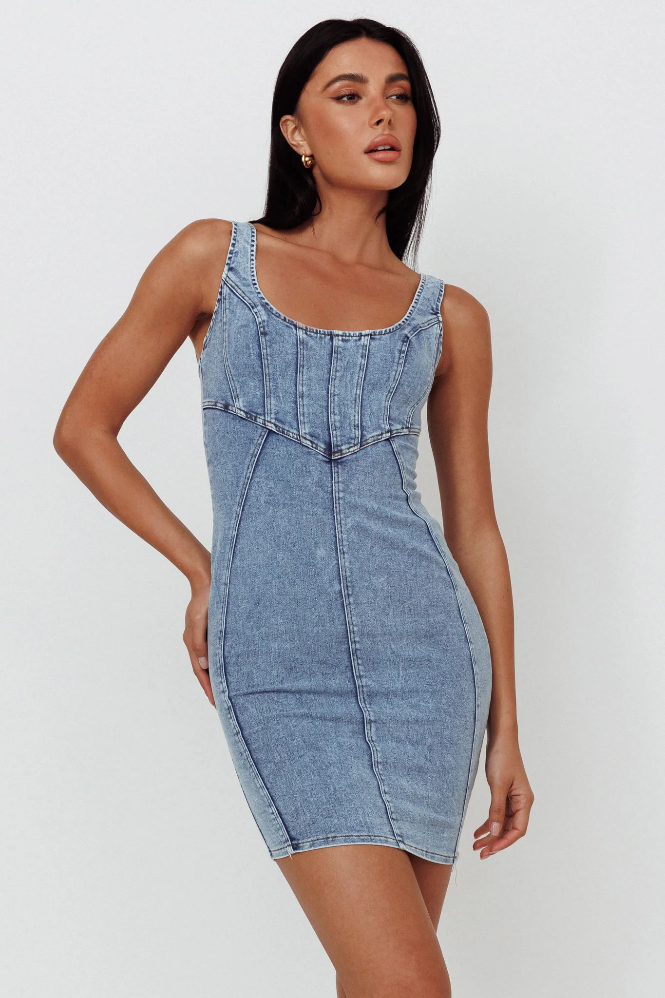 Laramy Low Back Mini Dress Washed Blue