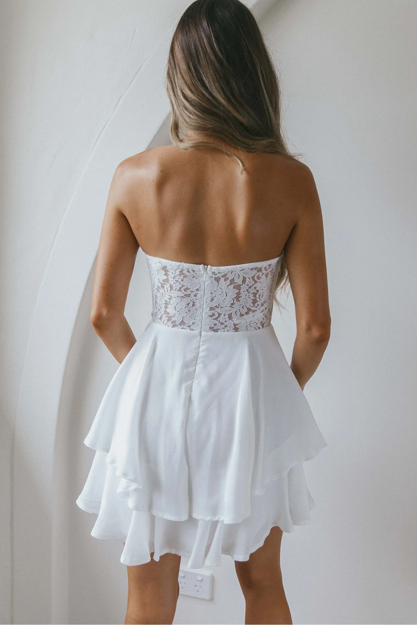 In Your Arms Strapless Lace Bodice Layered Hem Mini Dress White