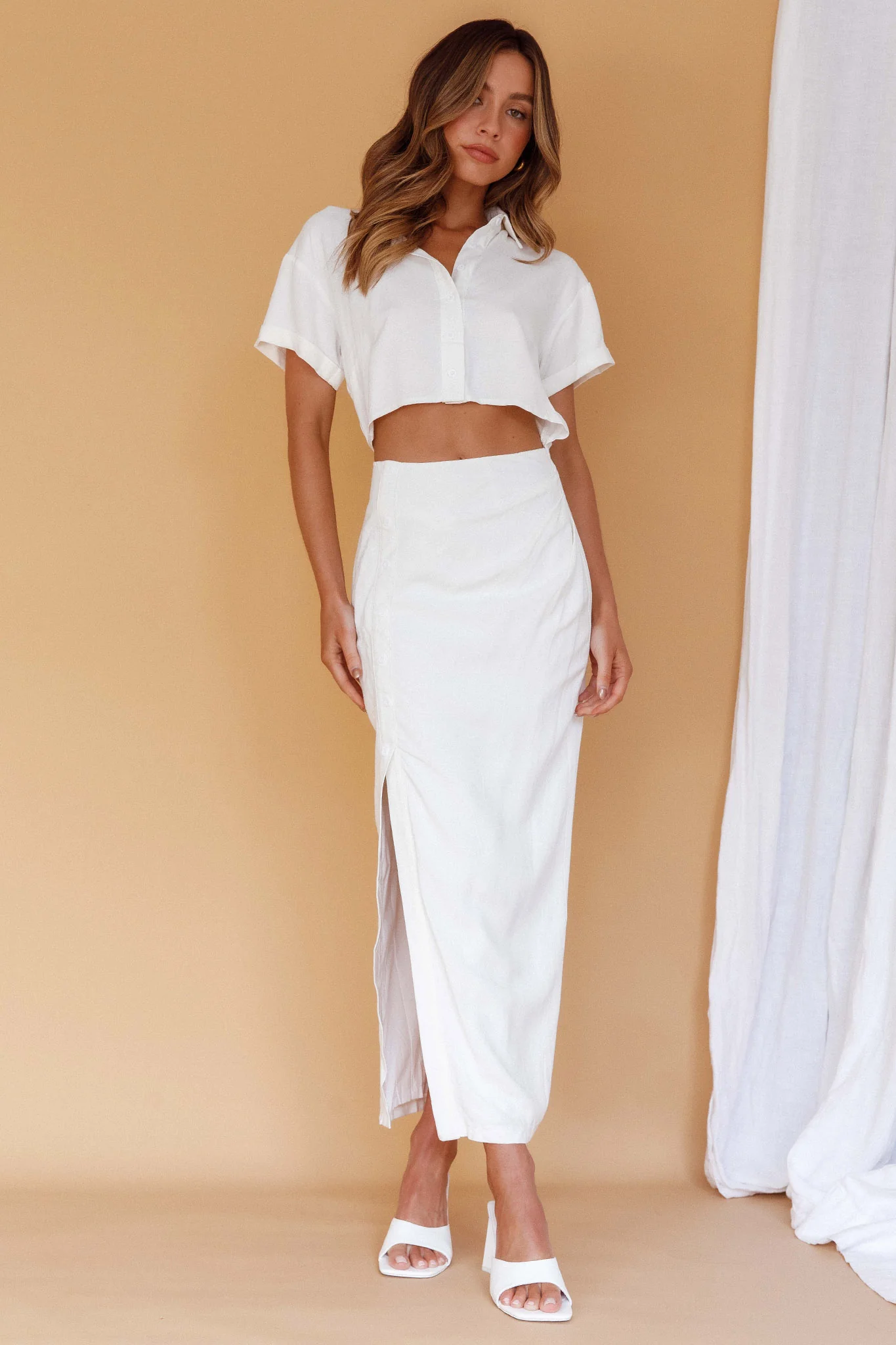 Cool It Cut-Out Waist Button Midi Dress Bone