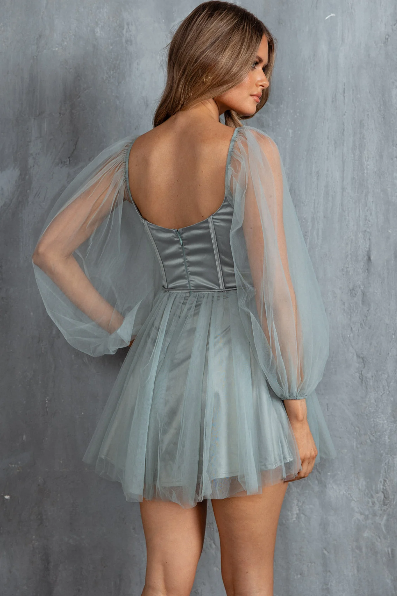 Fairytale Dream Sheer Sleeve Mini Dress Sage