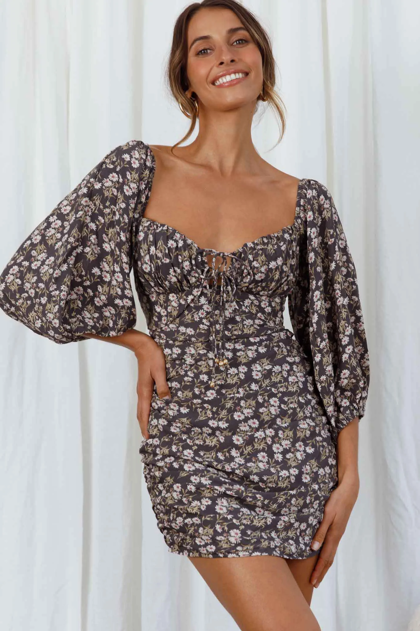 Sunny Day Balloon Sleeve Ruched Mini Dress Floral Print Grey