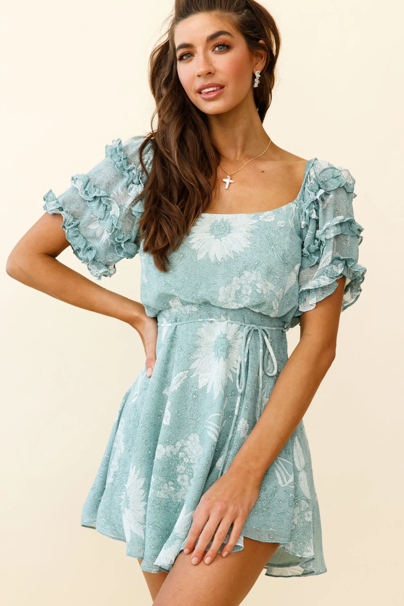 Rosa Short Sleeve Frill Accent Dress Floral Print Sage