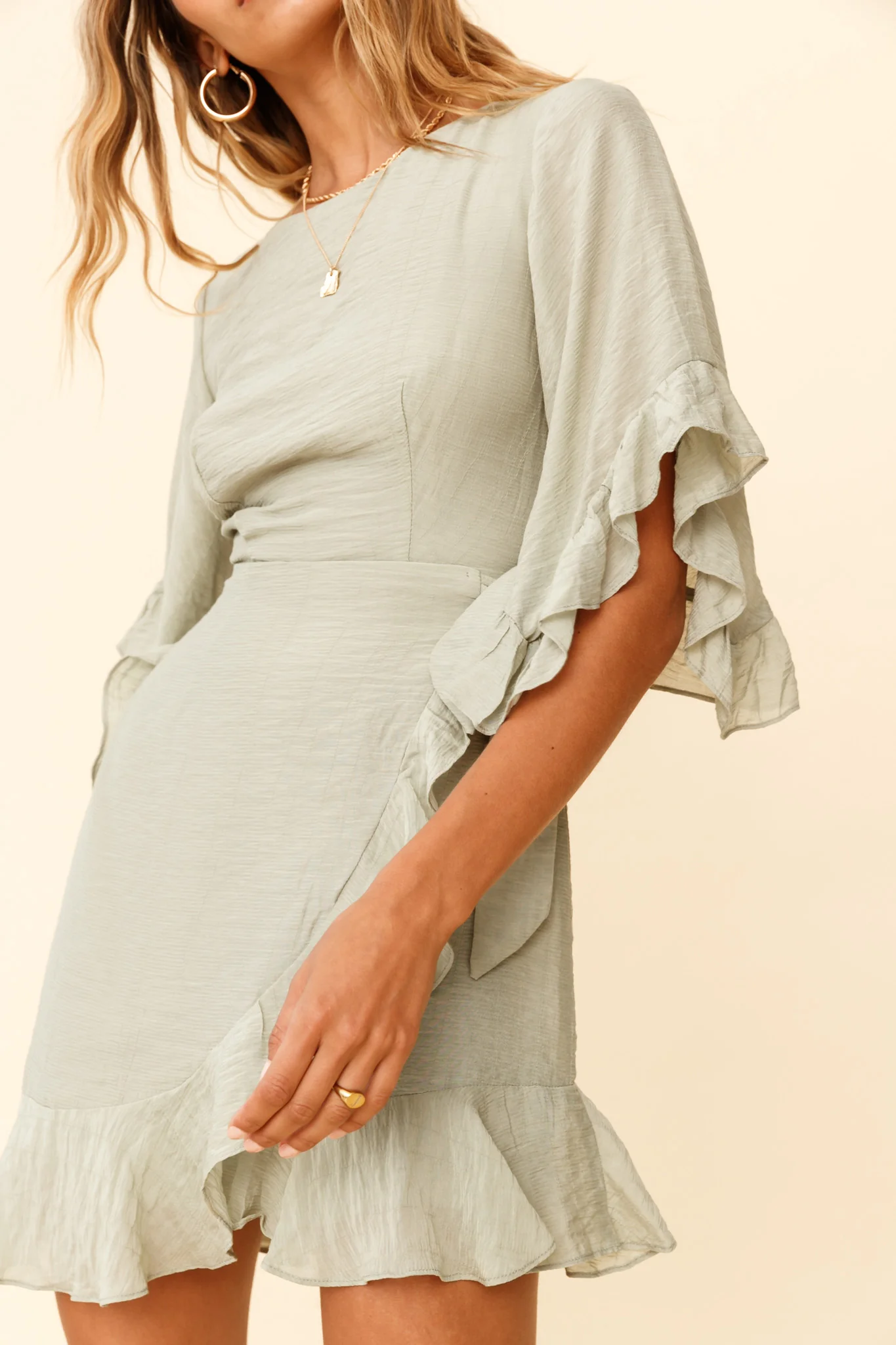 Make It Happen Flared Sleeve Ruffle Trim Dress Pistachio