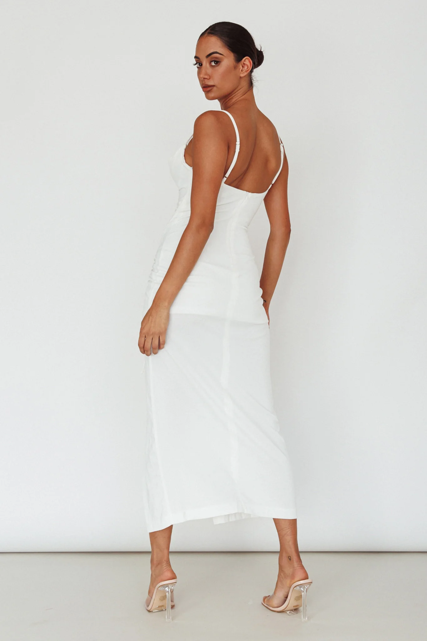 Samba Night Drawstring Ruched Midi Dress White