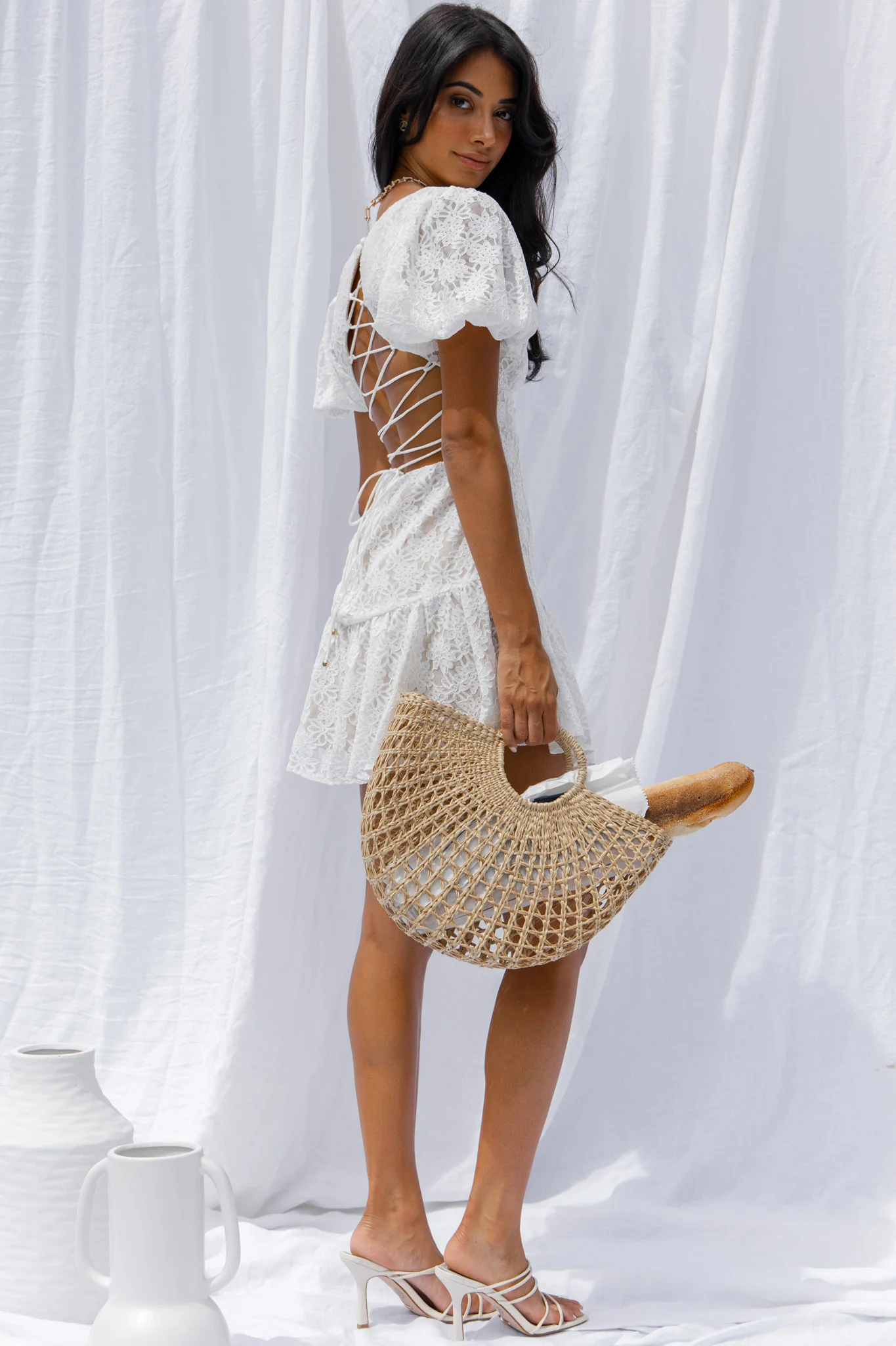 Petite Cherie Puff Sleeve Lace-Up Back Dress Lace White