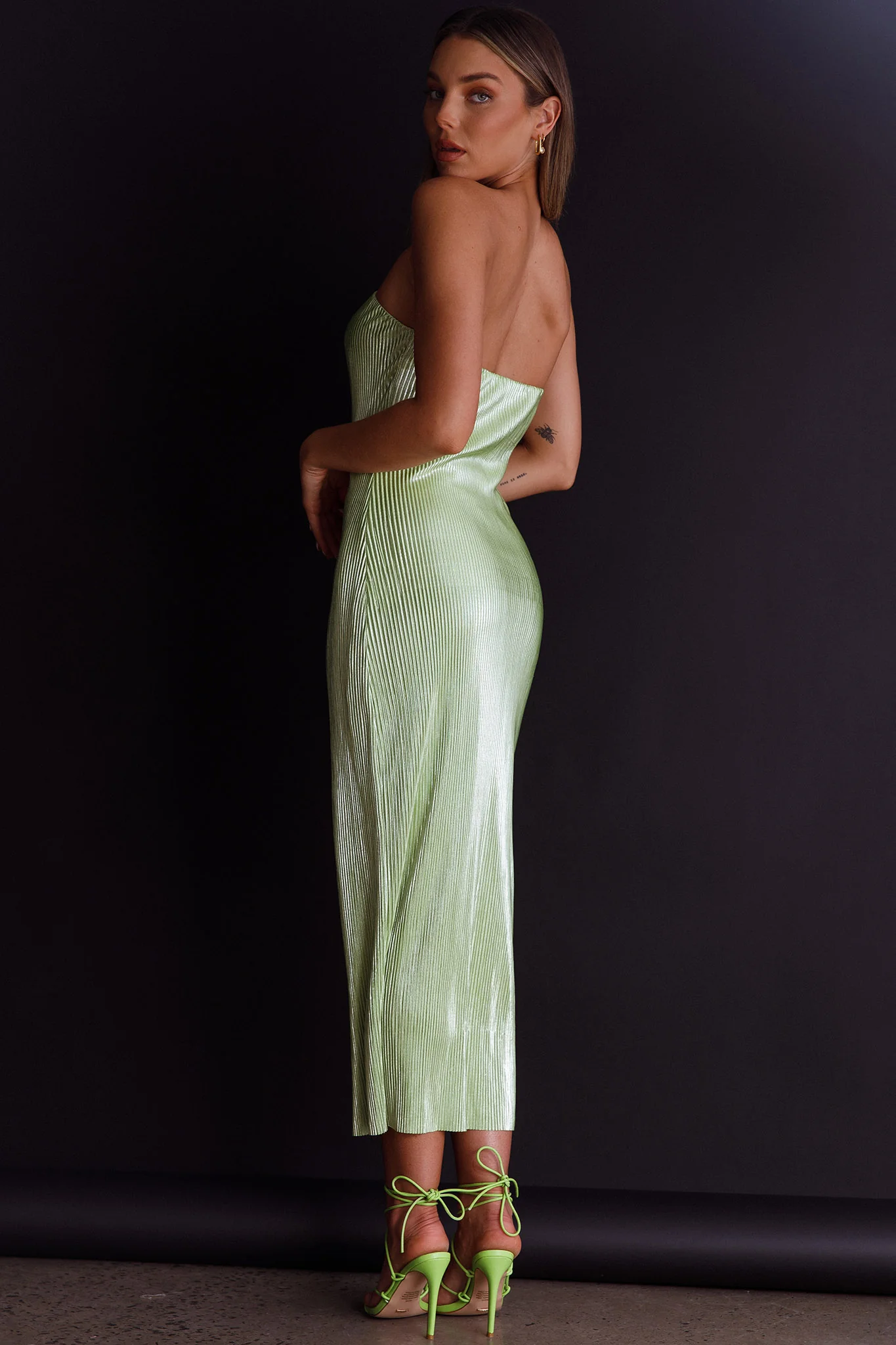 Shondra Accordion Pleat Tube Dress Lime