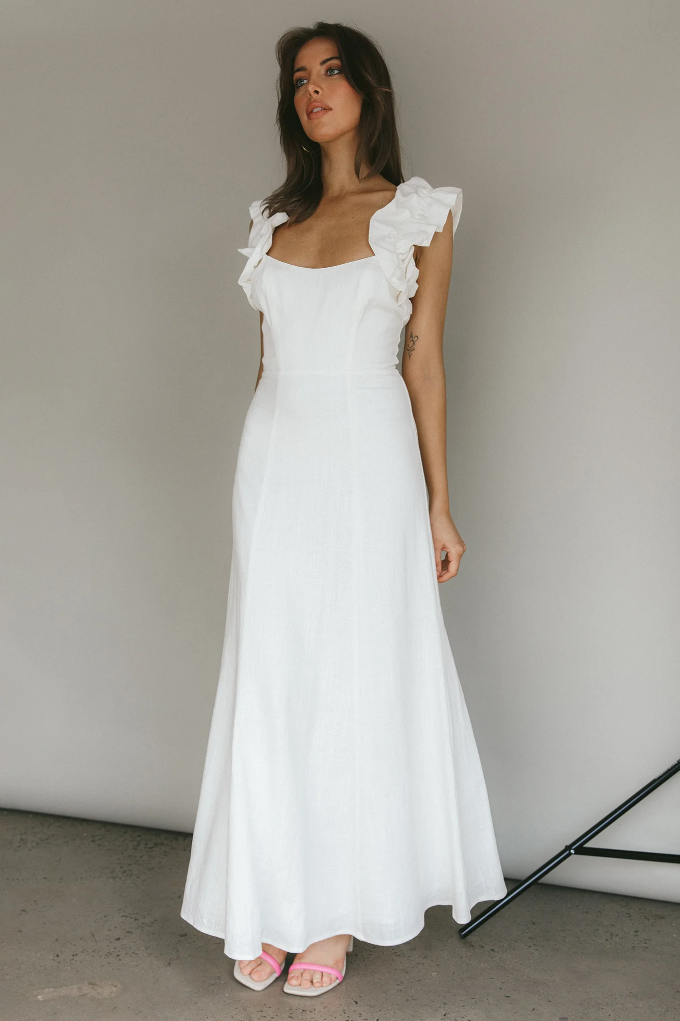 Bronte Ruffle Strap Midi Dress Cream