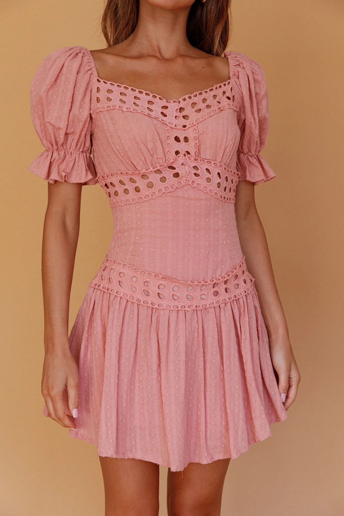 Elowen Lace Trim Puff Sleeve Mini Dress Blush