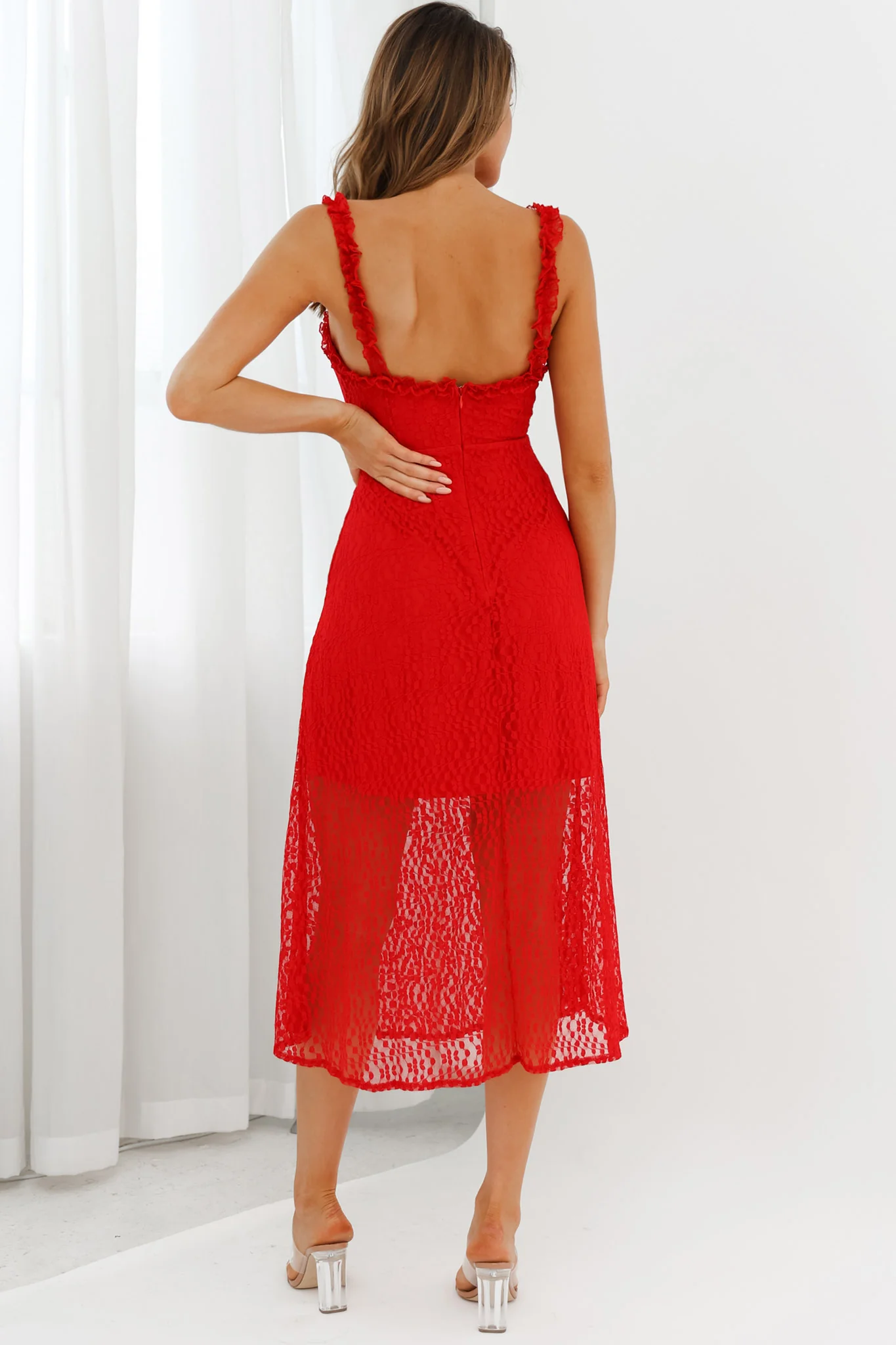 Isadora Mesh Overlay Frill Trim Neckline Midi Dress Red