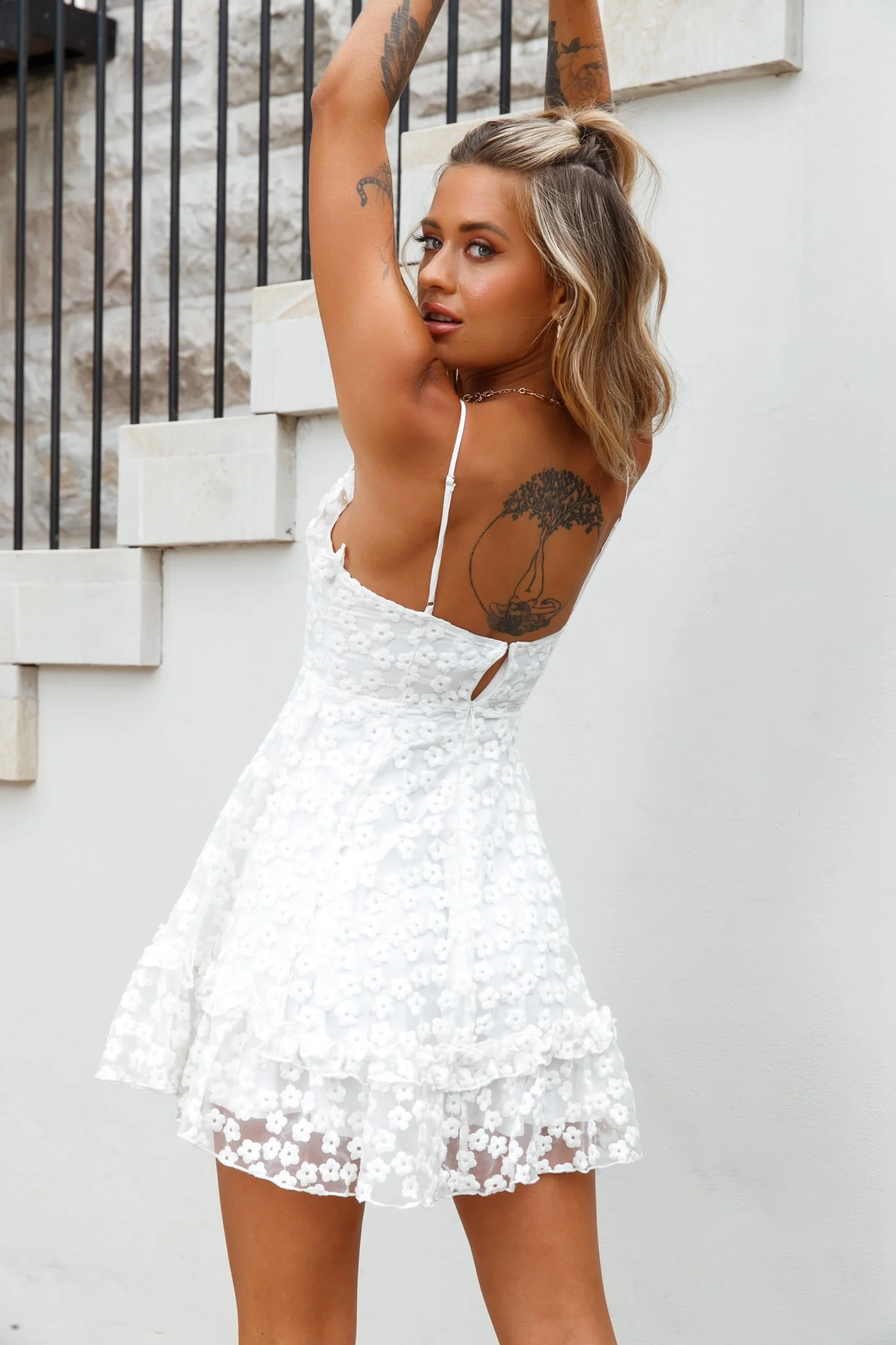 Summer Daze Frill Bust Floral Embroidered Overlay Dress White