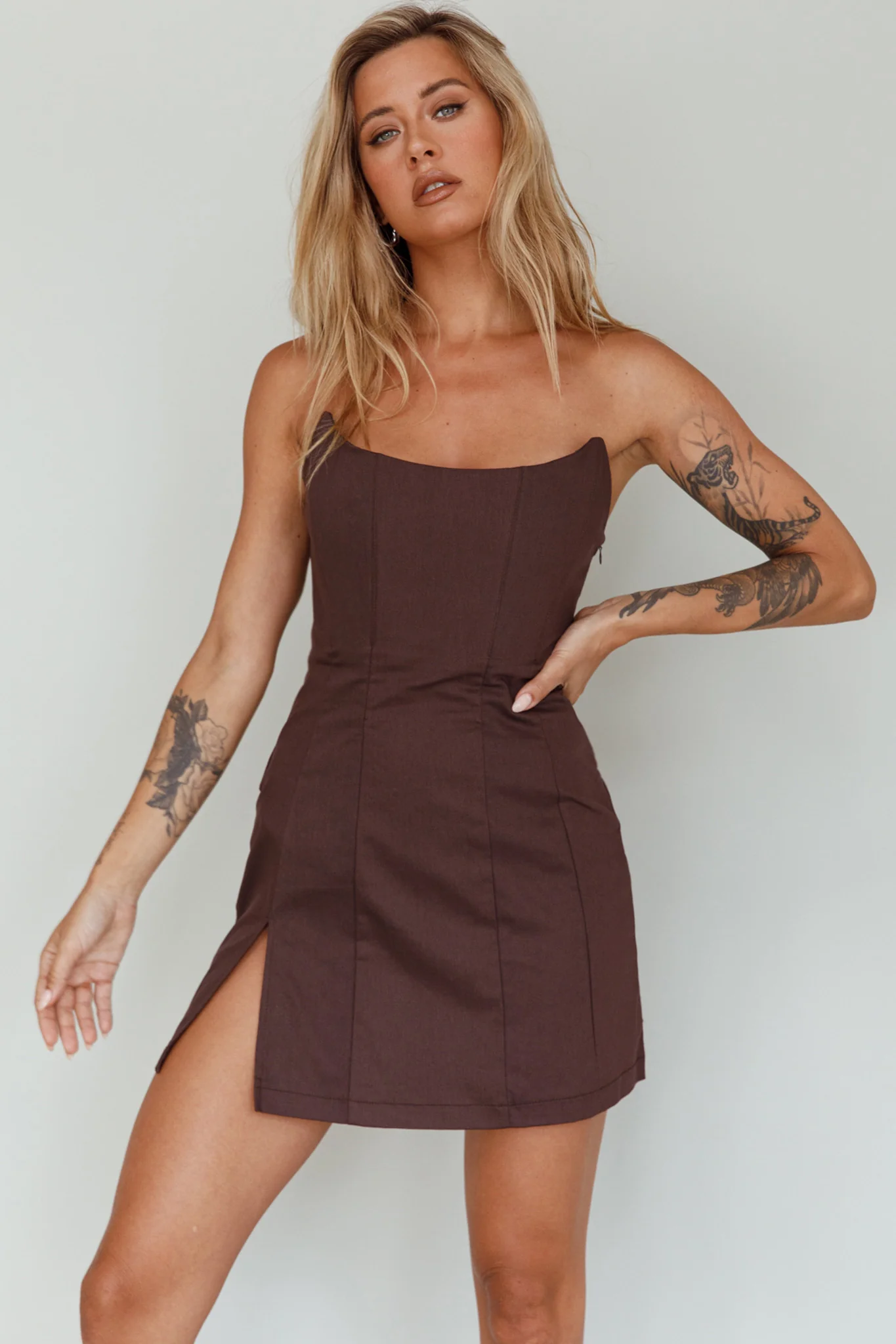 Luann Scoop Neckline Strapless Mini Dress Brown