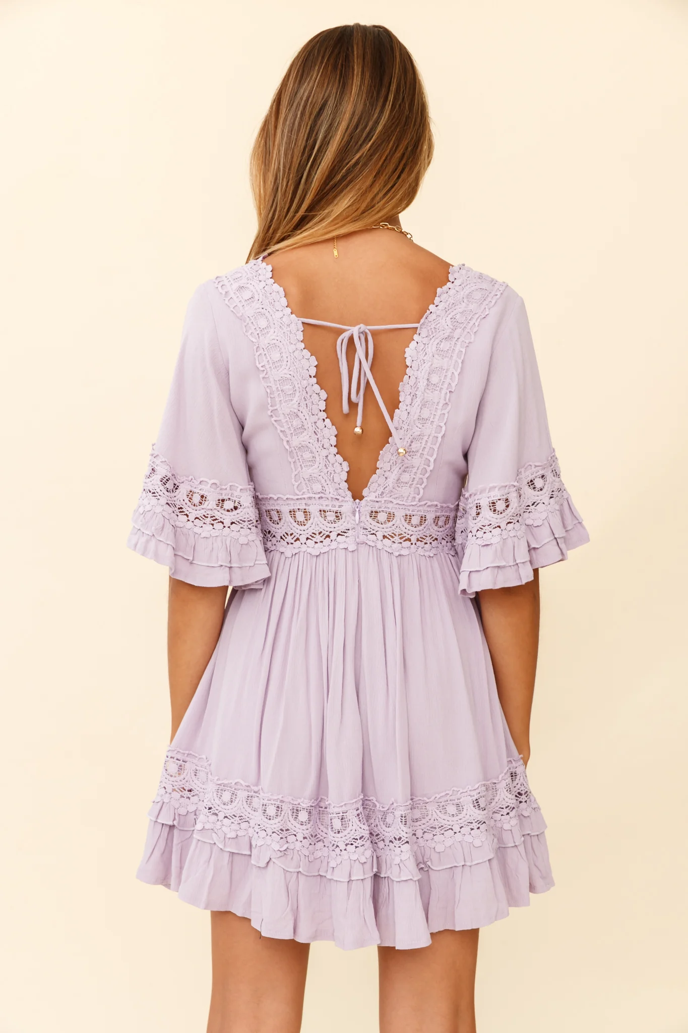 Kauai V-Neckline Crochet Lace Trim Dress Lilac