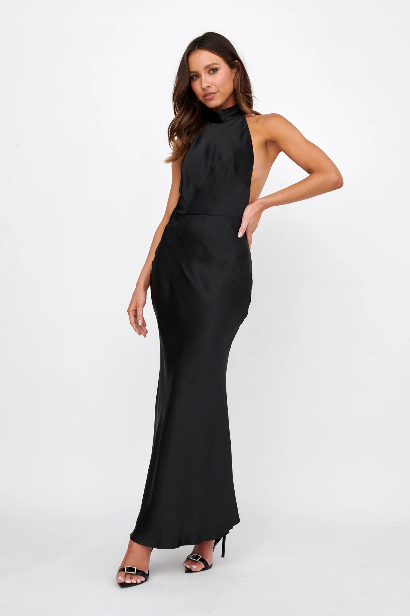 Italia Azure Halterneck Pearl Back Maxi Dress Black