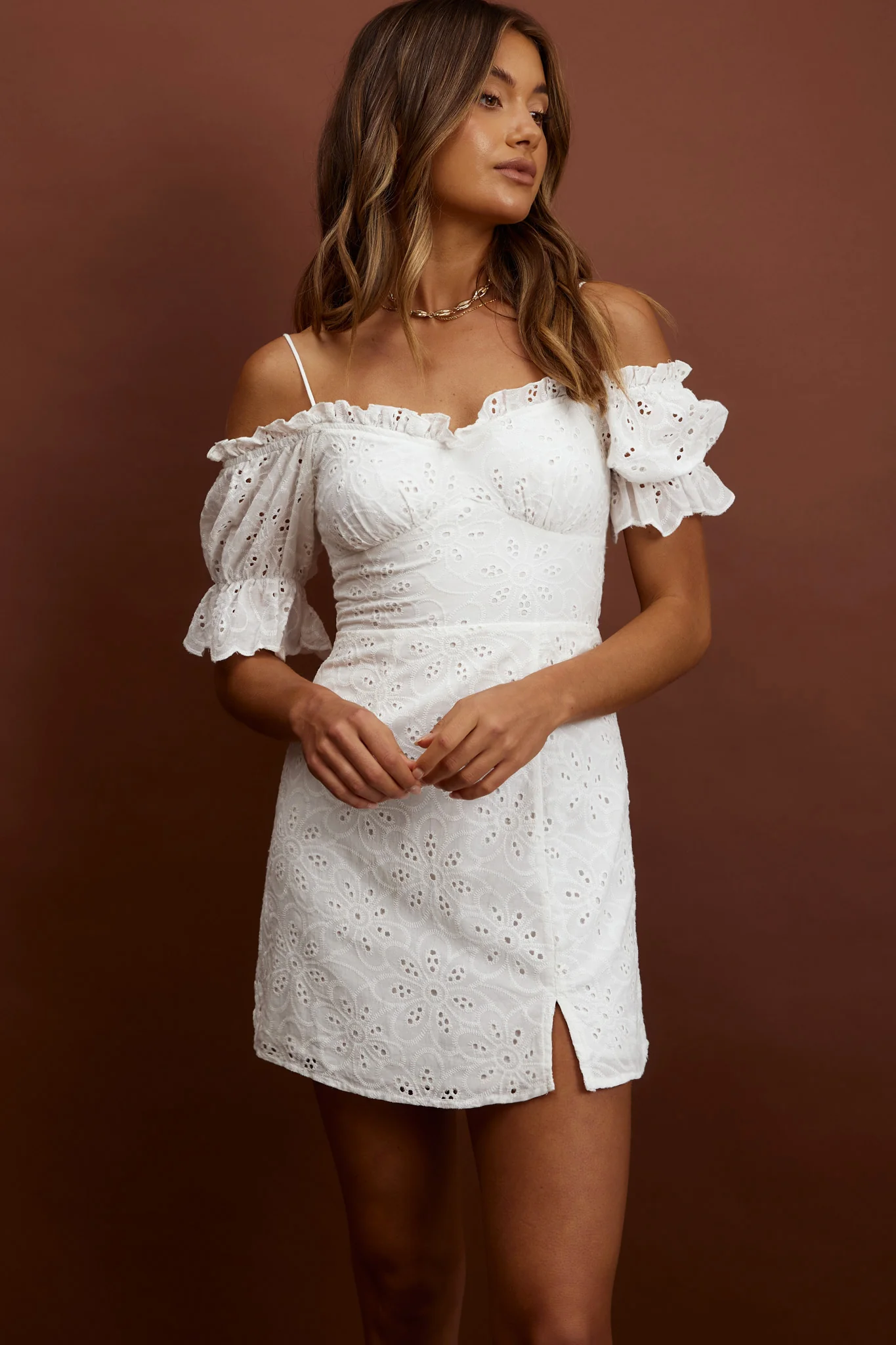 Toluca Puff Sleeve Frill Trim Eyelet Dress White