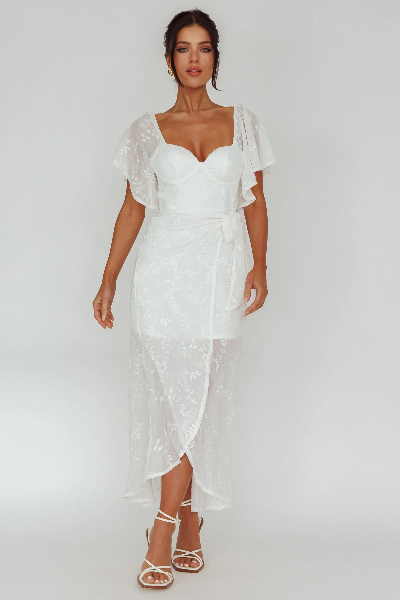 Aphrodite Molded Bust Angel Sleeve Midi Dress Floral White