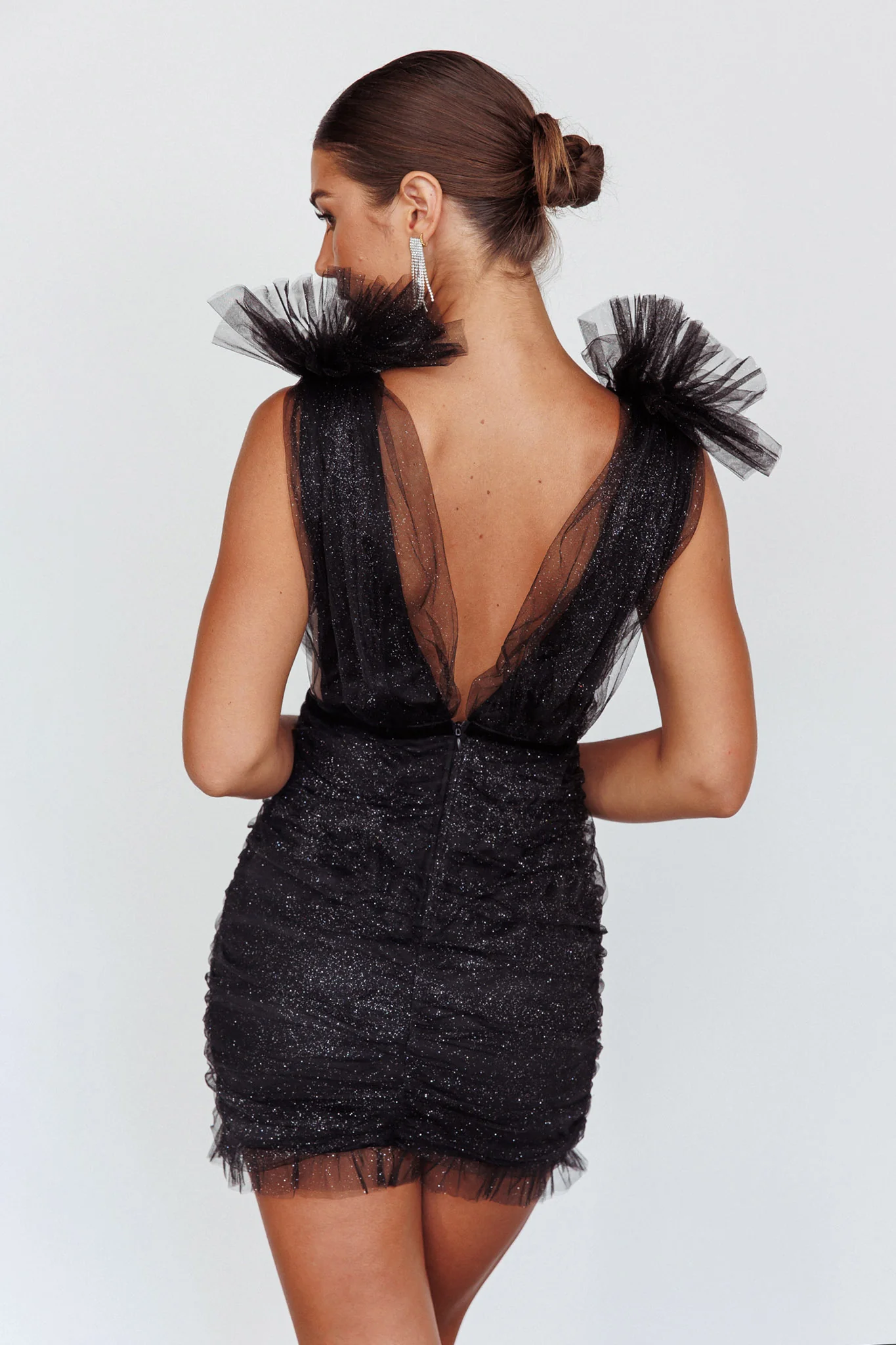 Ludivine Shoulder Accent Mesh Mini Dress Black Glitter