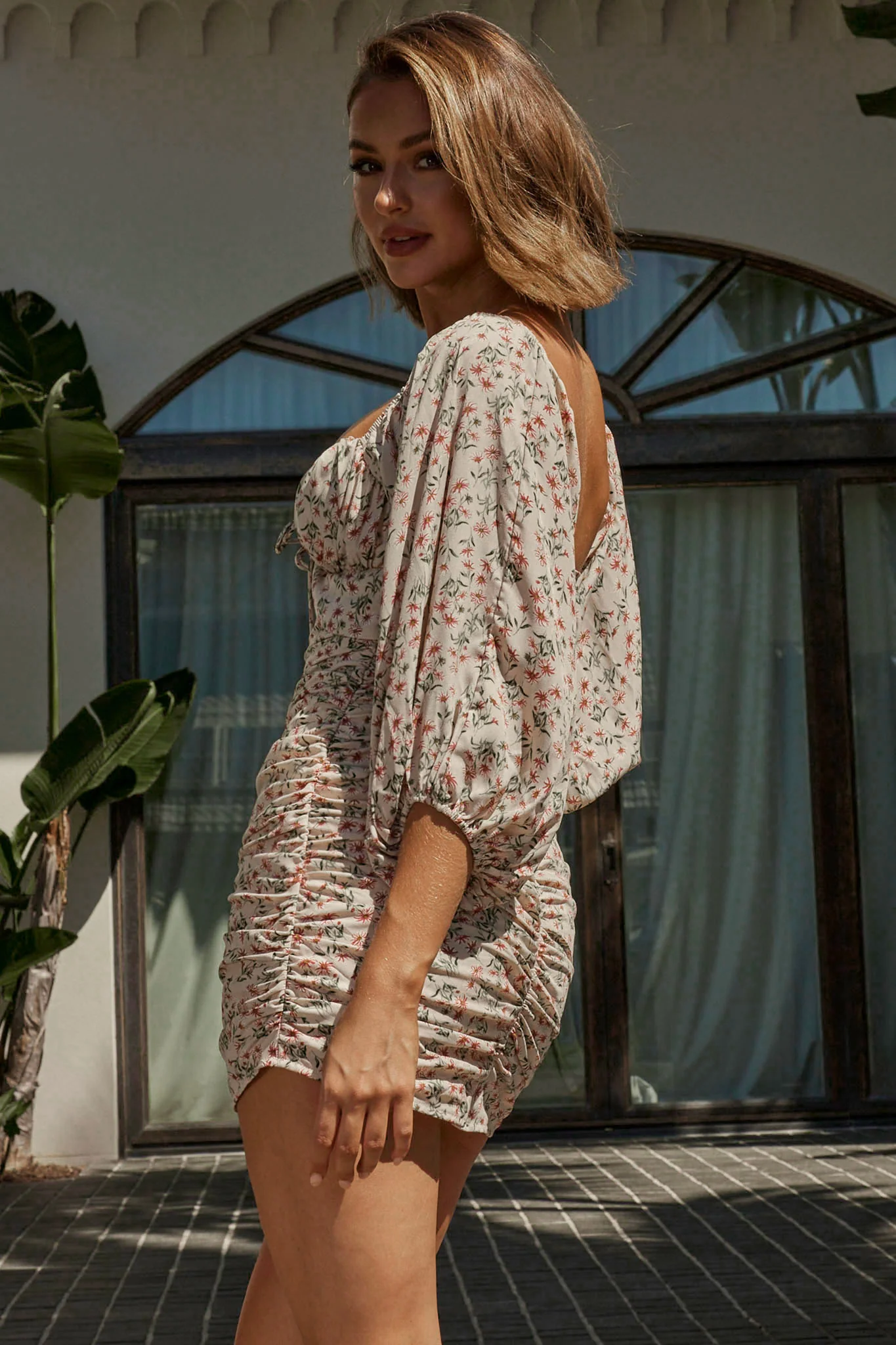 Sunny Day Balloon Sleeve Ruched Mini Dress Floral Print Beige